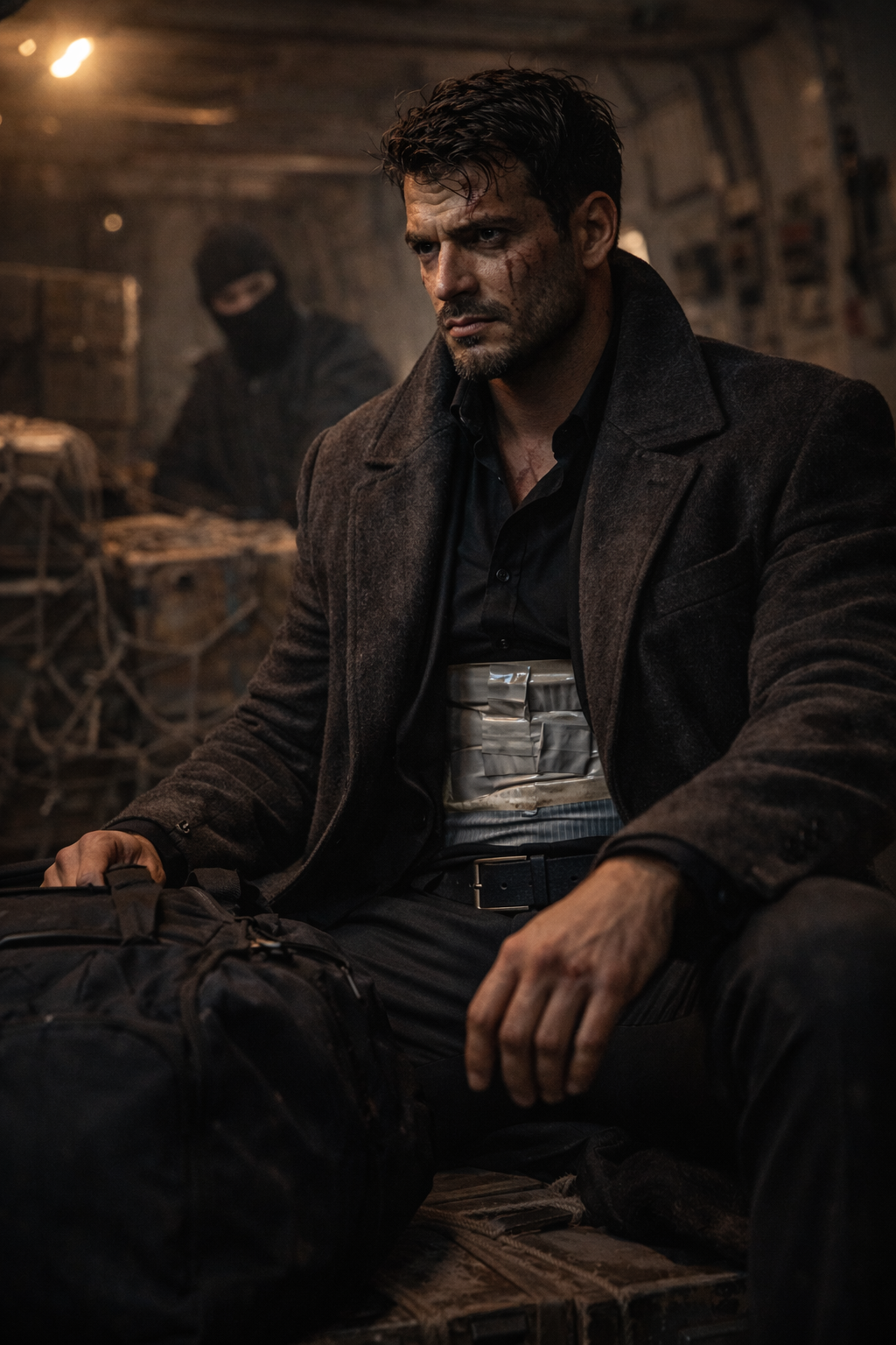 Hector opening a heavy steel safe filled with stacks of hundred-dollar bills and bearer bonds.