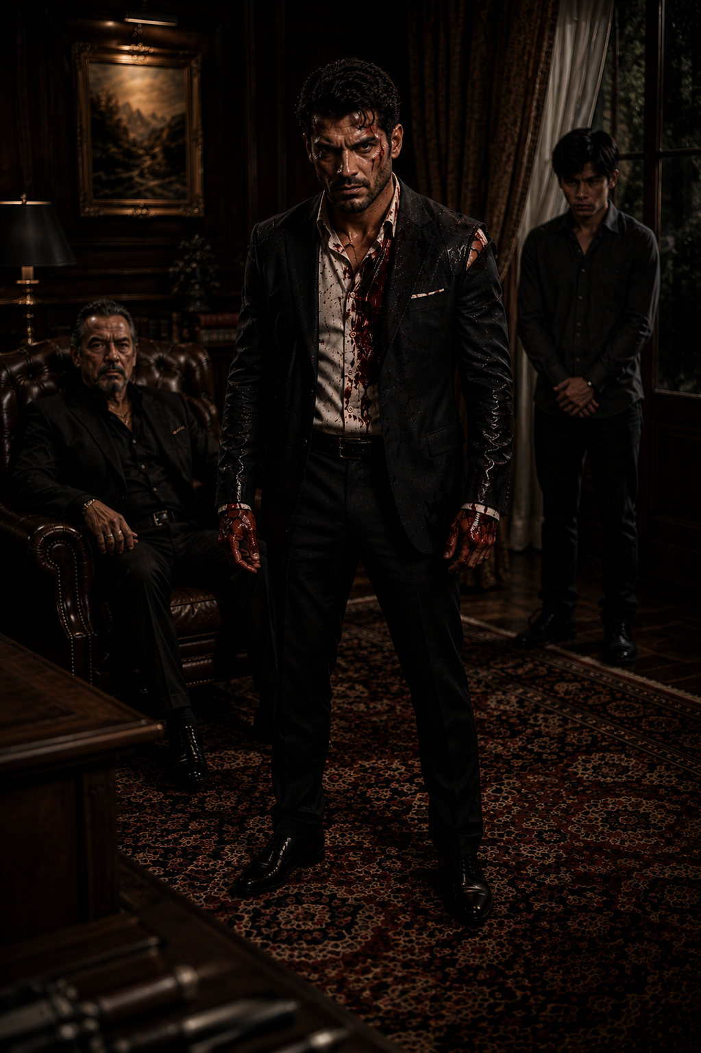 A bruised and bloody man in a ruined tailored suit, holding a suppressed pistol in the rain.