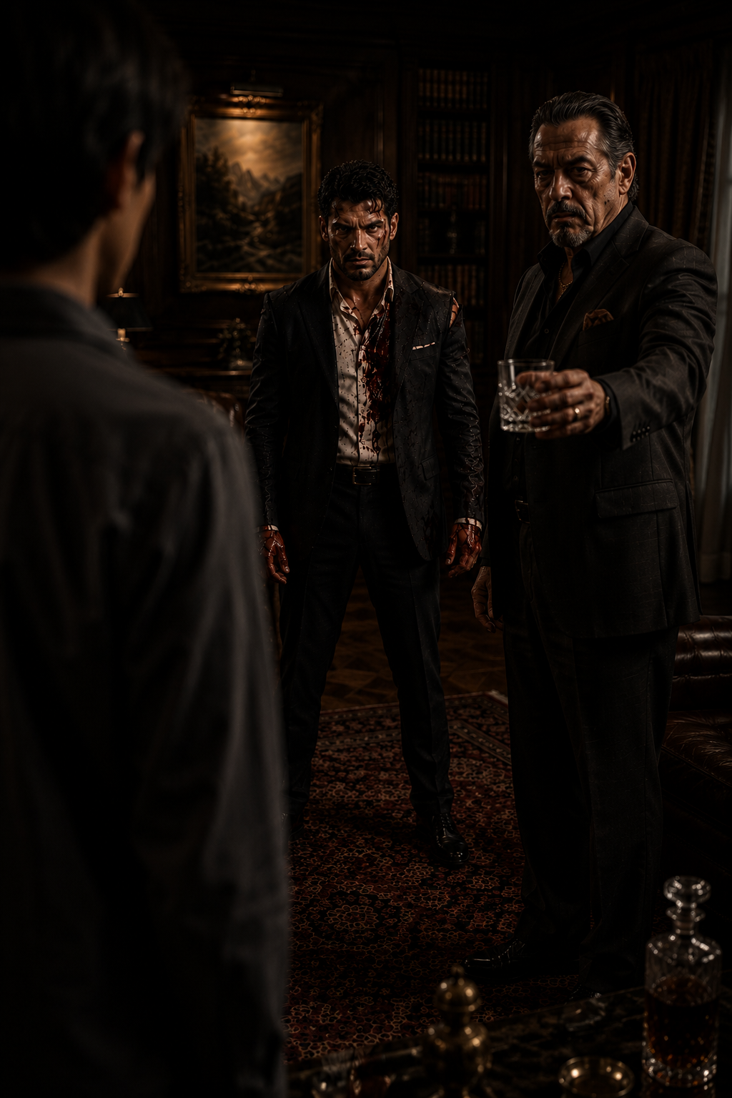 A bruised and bloody man in a ruined tailored suit, holding a suppressed pistol in the rain.