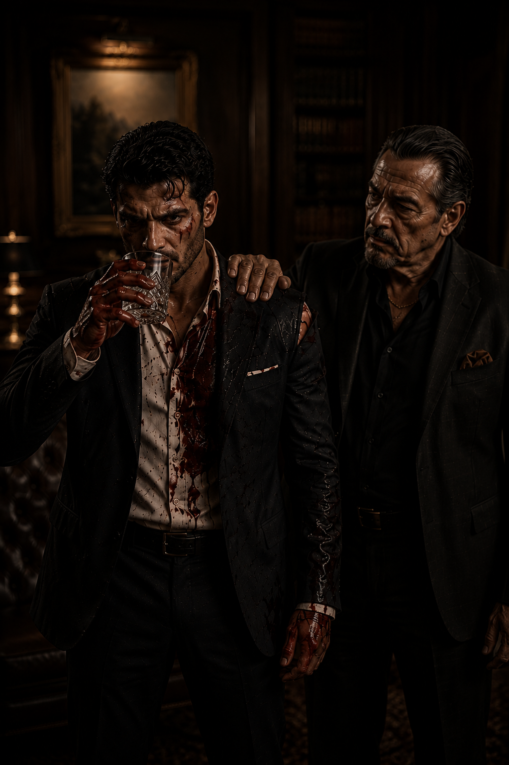 A bruised and bloody man in a ruined tailored suit, holding a suppressed pistol in the rain.