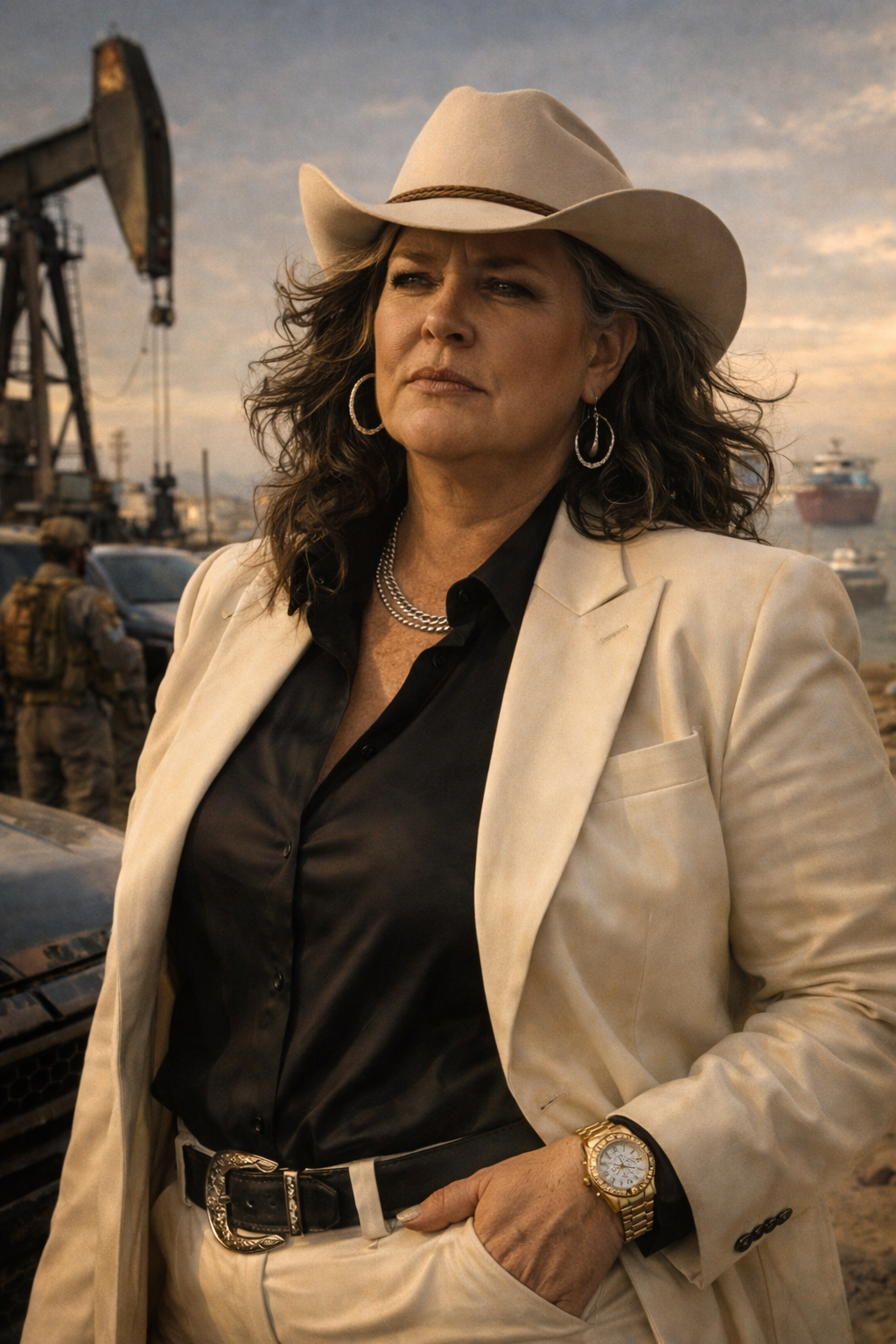 A towering oil derrick in the Texas desert, the flare stack burning bright orange against a twilight sky.