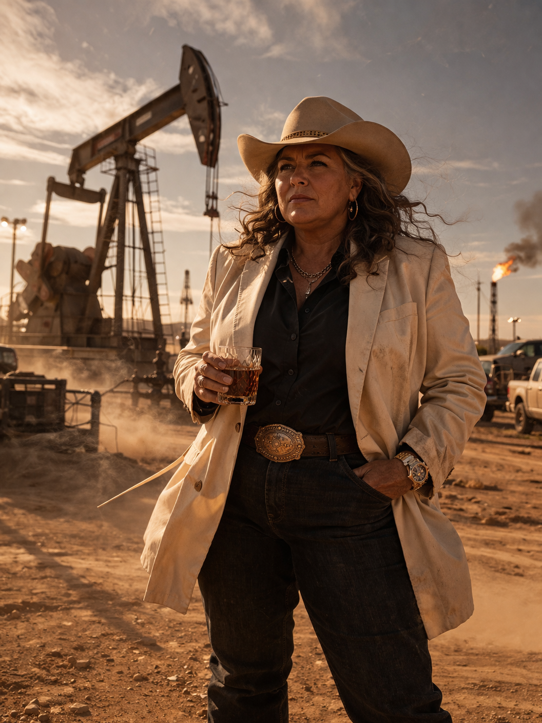 Maxine Callaway in a white Stetson and a sharp suit, lighting an unfiltered Marlboro Red off a solid gold Zippo while leaning against an armored Ford F-250.