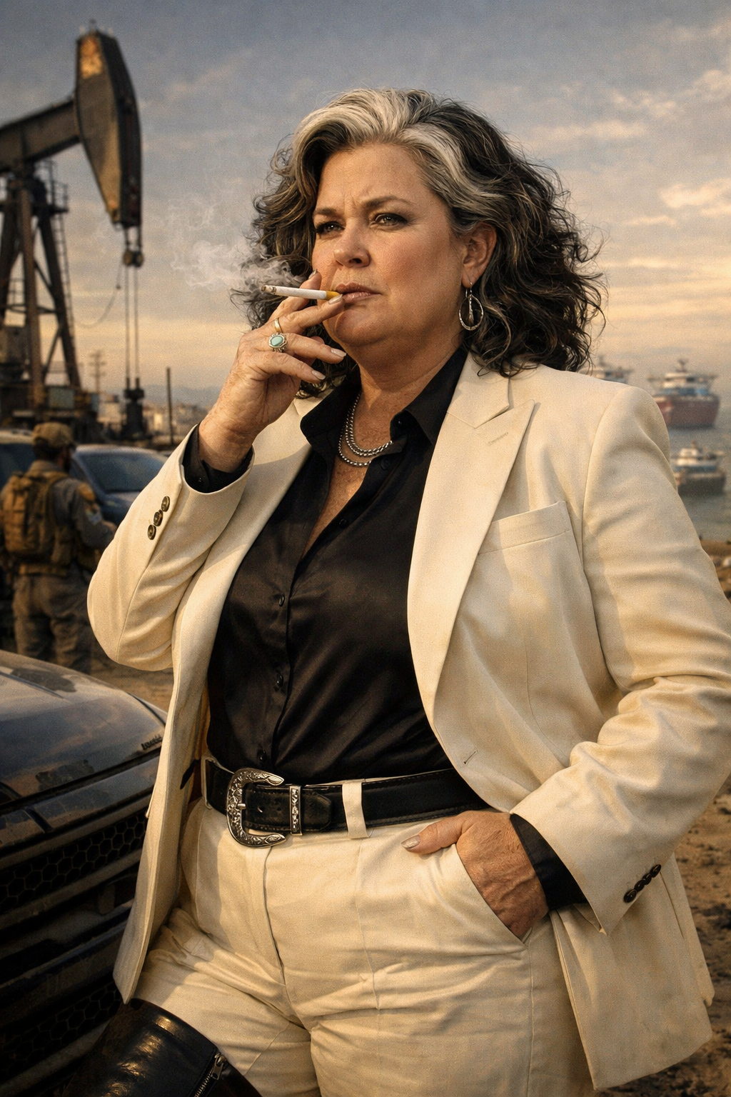 Maxine Callaway in a white Stetson and a sharp suit, lighting an unfiltered Marlboro Red off a solid gold Zippo while leaning against an armored Ford F-250.