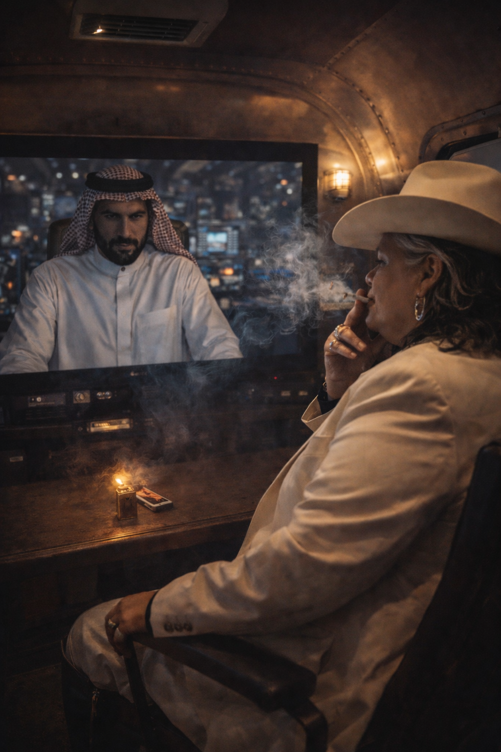 Maxine Callaway in a white Stetson and a sharp suit, lighting an unfiltered Marlboro Red off a solid gold Zippo while leaning against an armored Ford F-250.