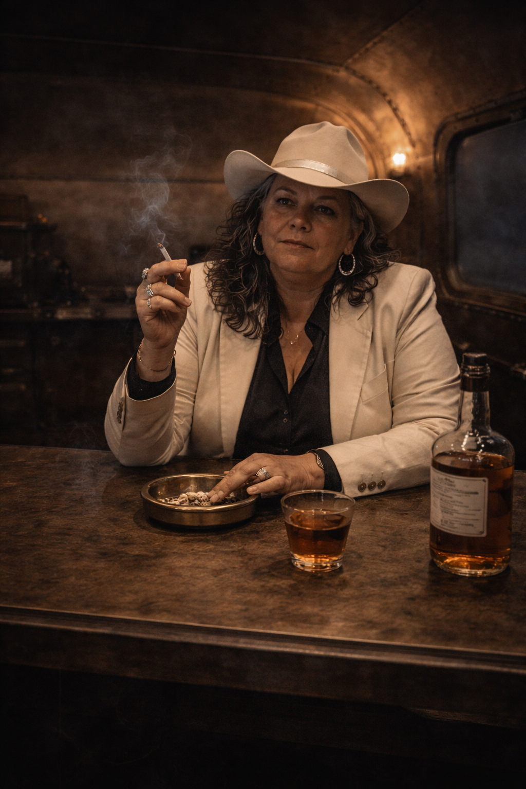 Maxine Callaway in a white Stetson and a sharp suit, lighting an unfiltered Marlboro Red off a solid gold Zippo while leaning against an armored Ford F-250.