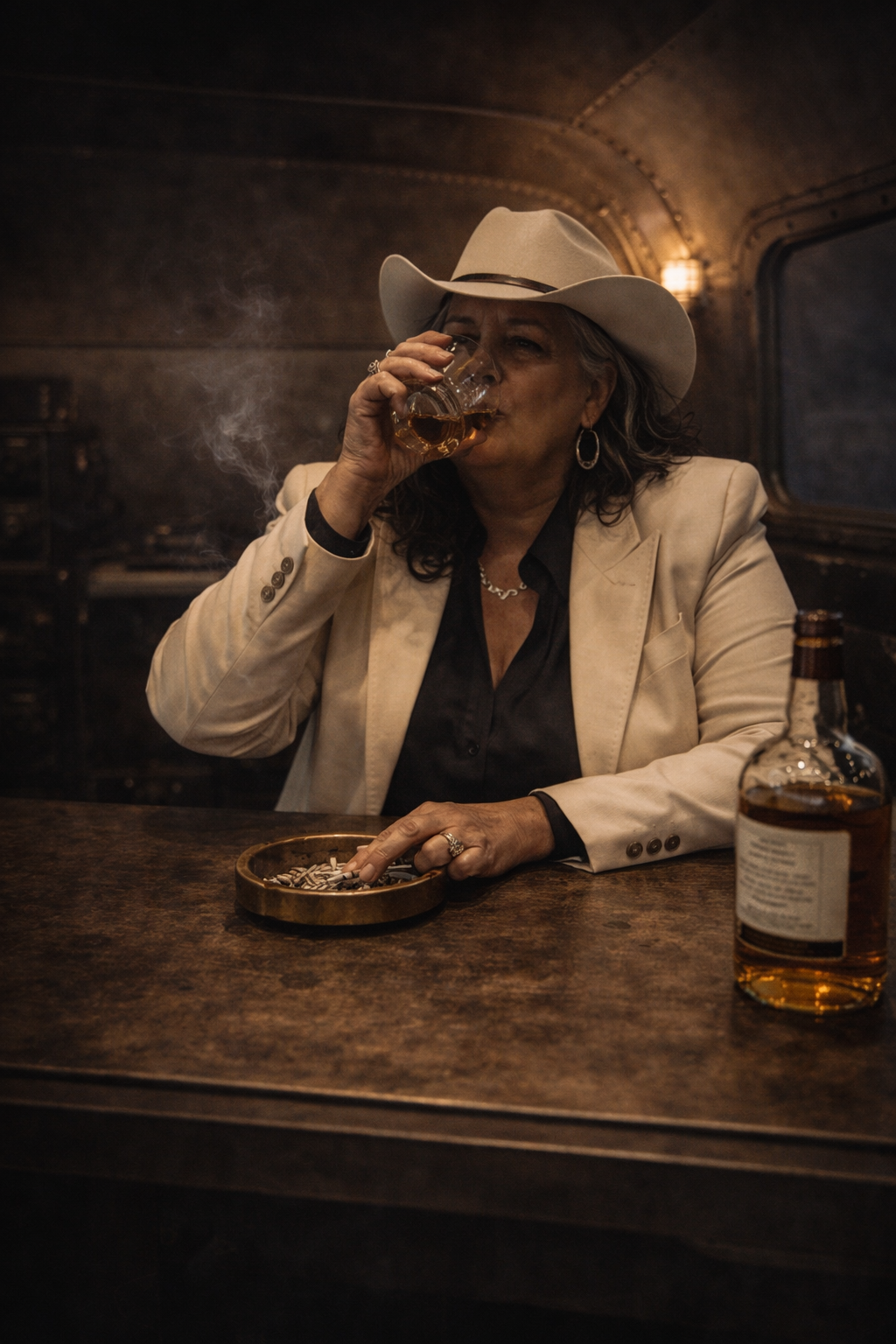 Maxine Callaway in a white Stetson and a sharp suit, lighting an unfiltered Marlboro Red off a solid gold Zippo while leaning against an armored Ford F-250.