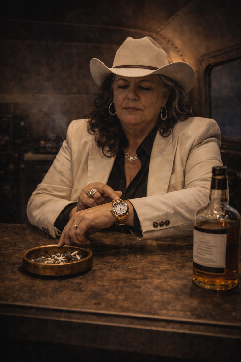 Maxine Callaway in a white Stetson and a sharp suit, lighting an unfiltered Marlboro Red off a solid gold Zippo while leaning against an armored Ford F-250.