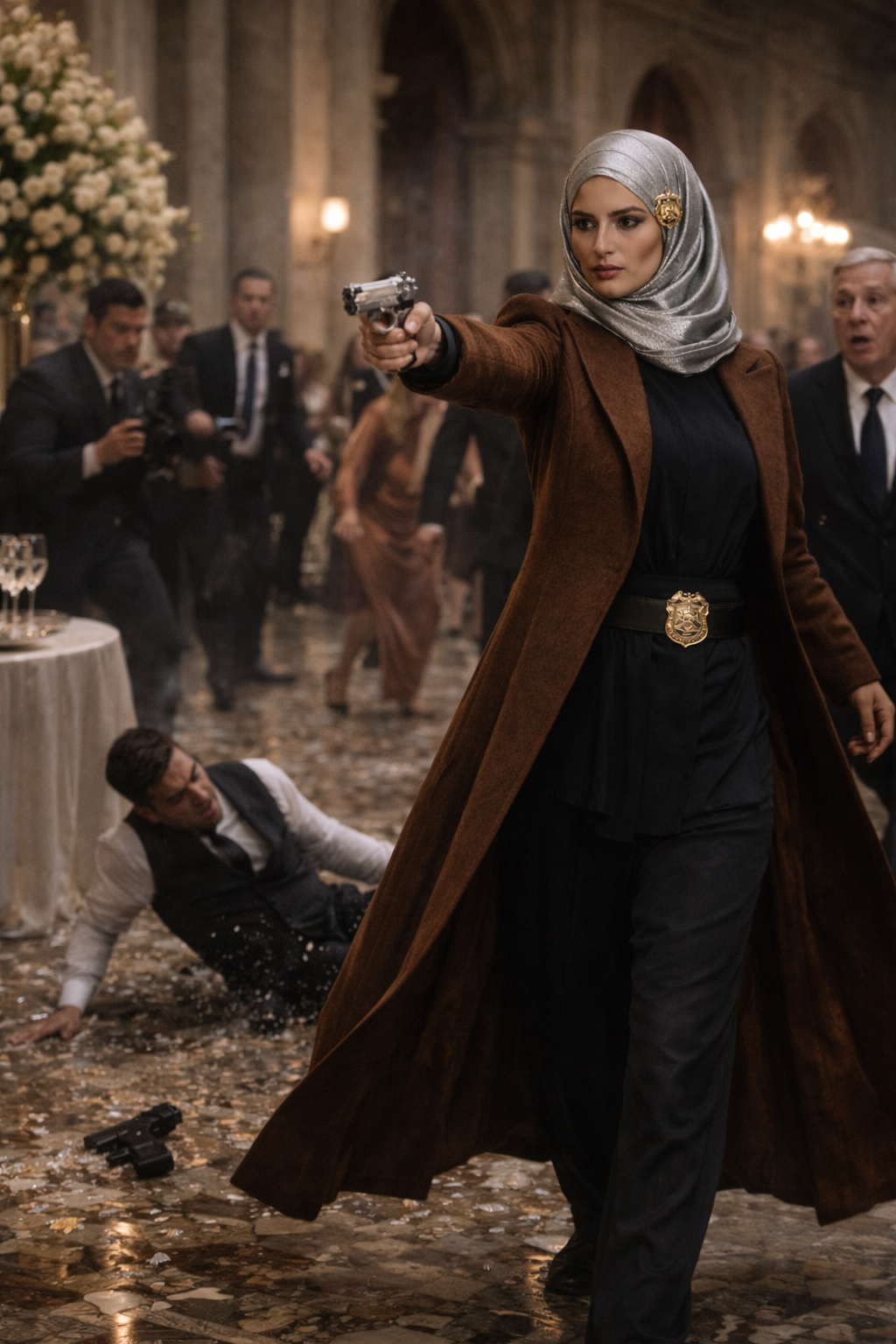 Commissioner Zoya calmly aiming a silver revolver with one hand while holding a champagne glass in the other.