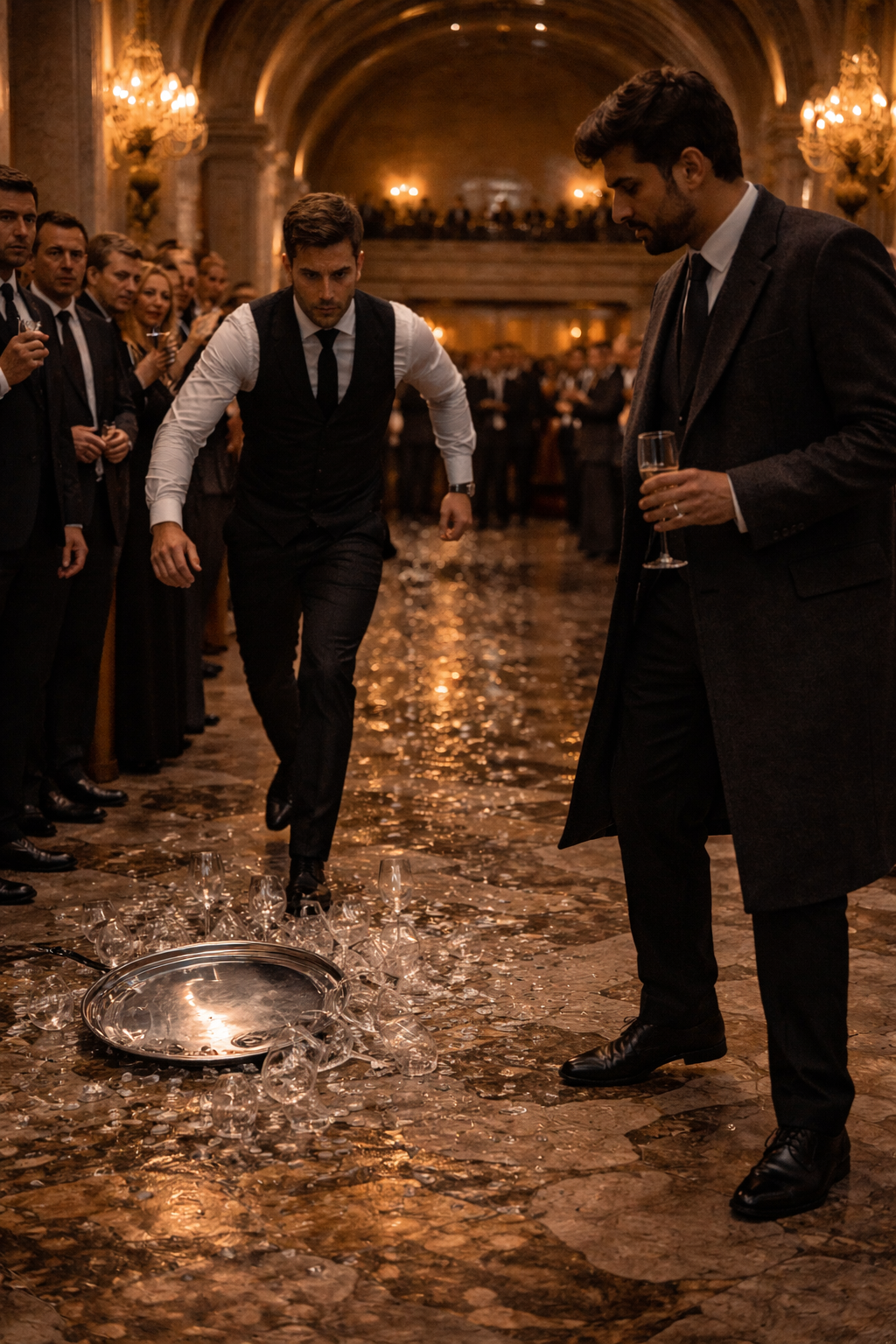 A man dressed as a waiter drawing a suppressed handgun, shattering a champagne tower as he takes aim.