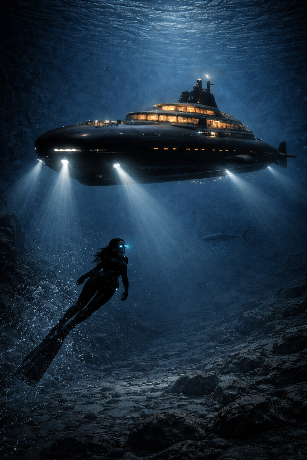 Nataliya, The Mermaid, standing on the deck of a mega-yacht in a backless evening gown, the ocean stretching out endlessly behind her.