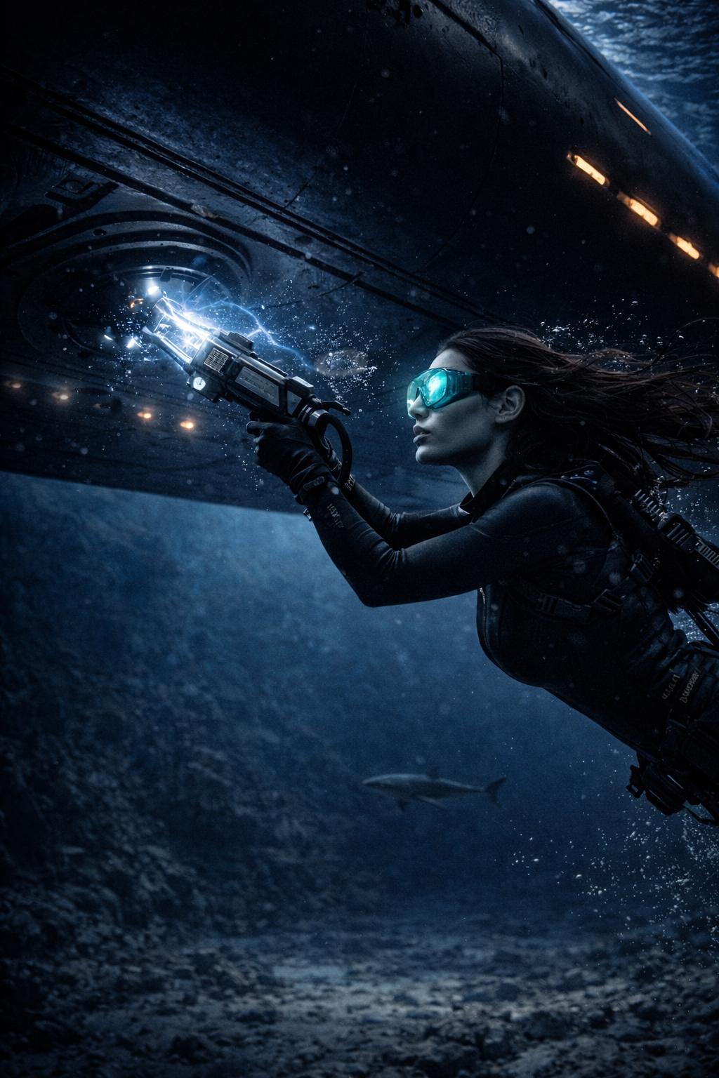 Nataliya clinging to the massive, black hull of The Fish Tank in freezing, pitch-black water, using a glowing data slicer on an exterior panel.