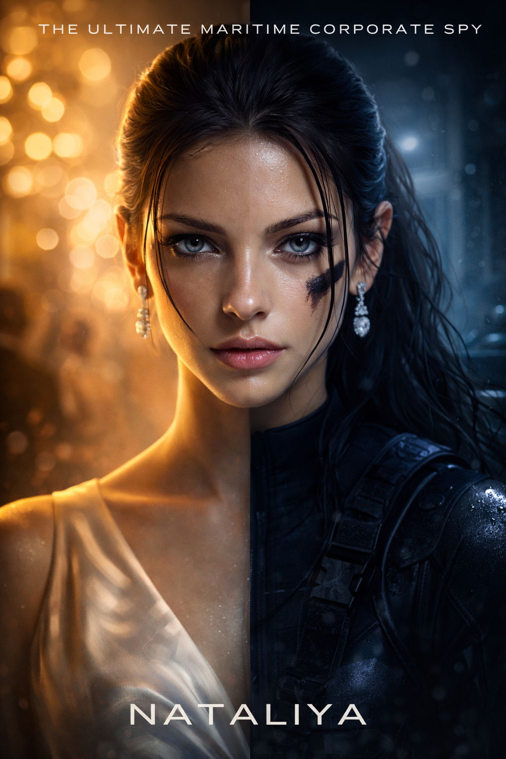 Nataliya, The Mermaid, standing on the deck of a mega-yacht in a backless evening gown, the ocean stretching out endlessly behind her.