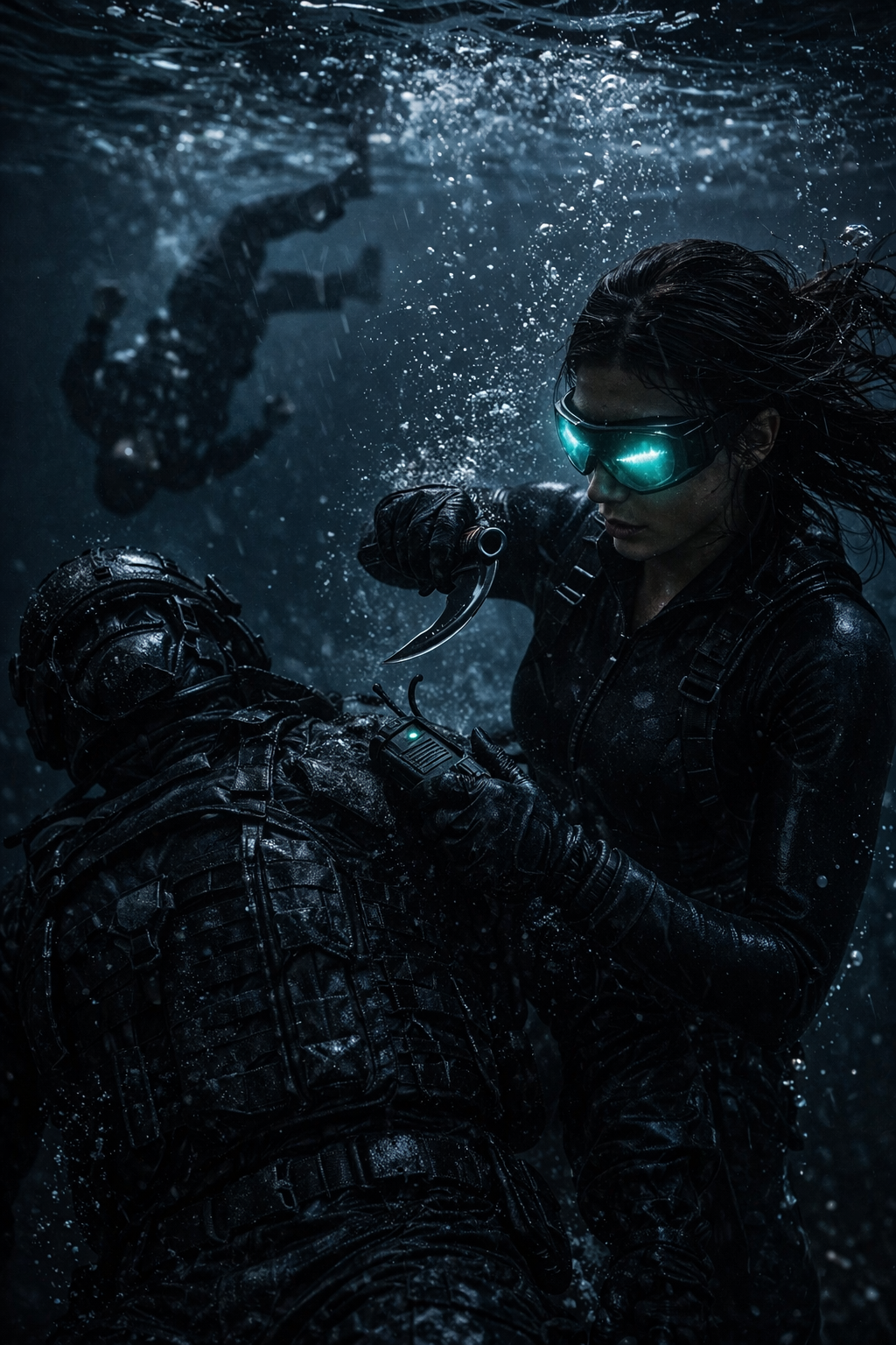 Nataliya, The Mermaid, standing on the deck of a mega-yacht in a backless evening gown, the ocean stretching out endlessly behind her.