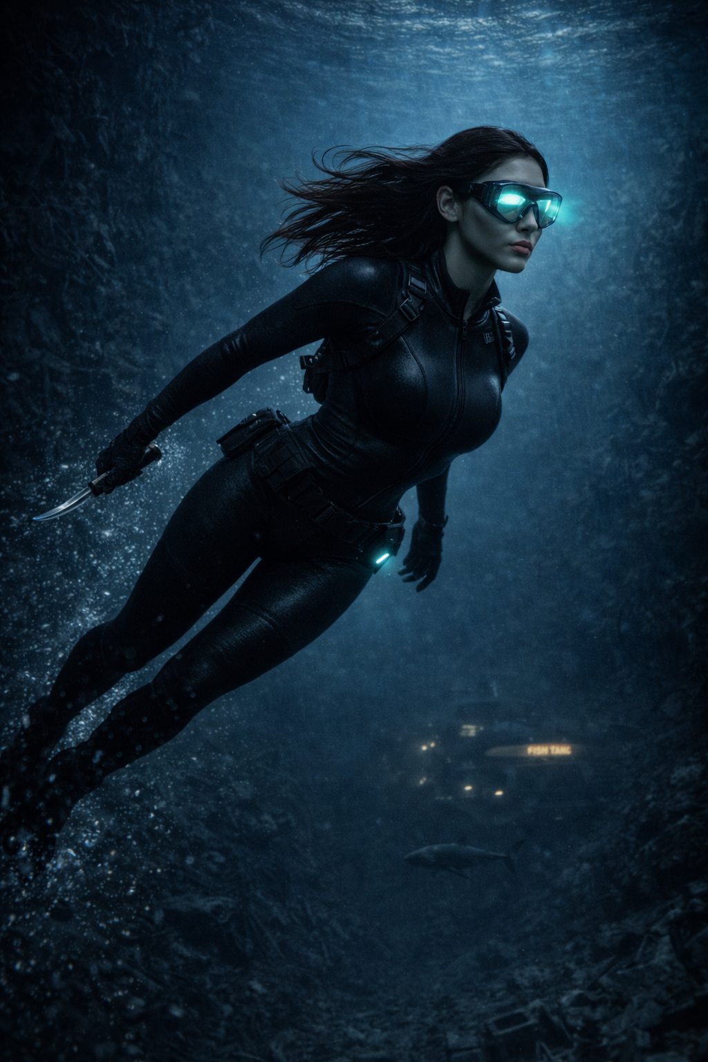 Nataliya, The Mermaid, standing on the deck of a mega-yacht in a backless evening gown, the ocean stretching out endlessly behind her.