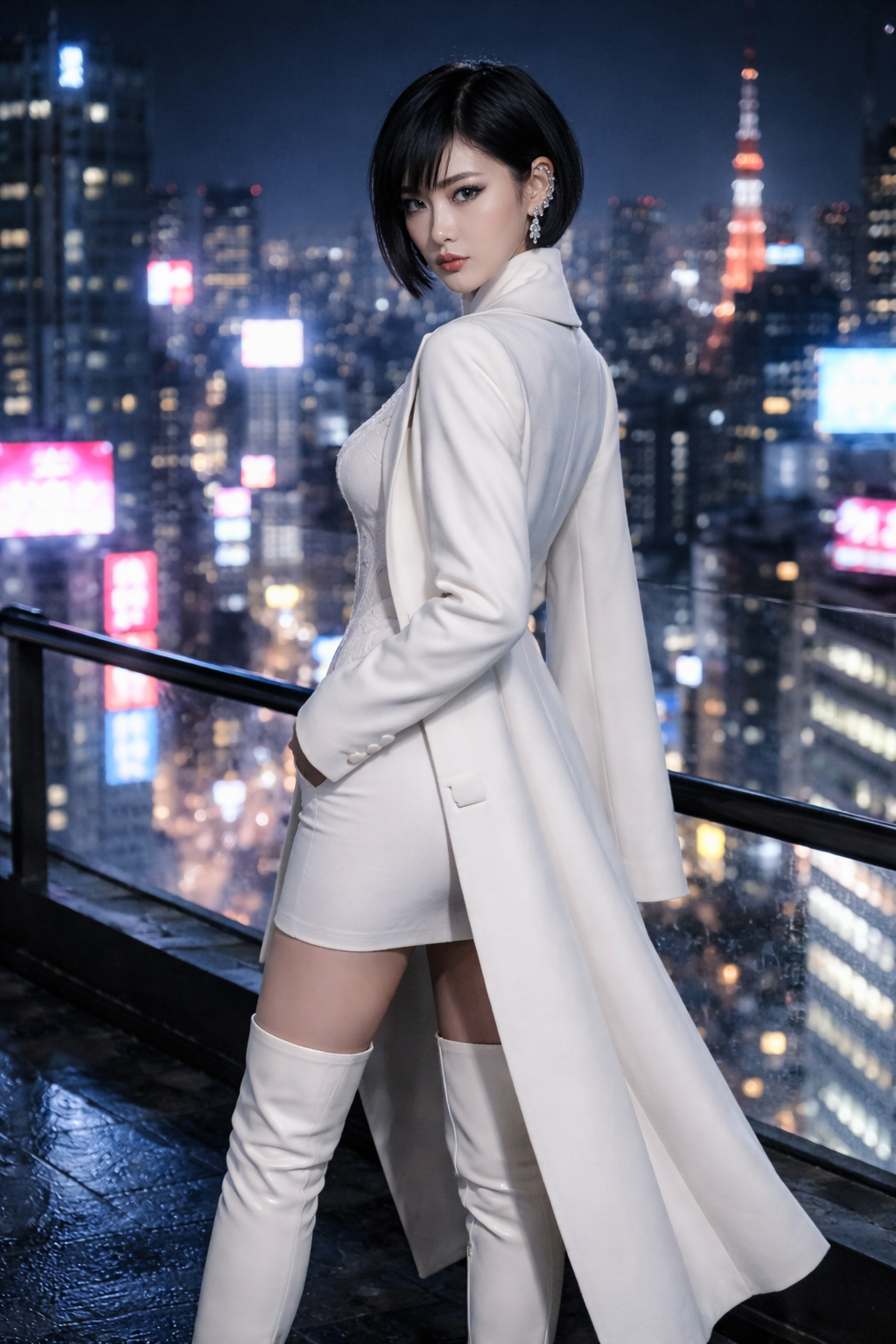 Mia Sheng in a white lace gown with a blazer draped over her shoulders at a formal gala.