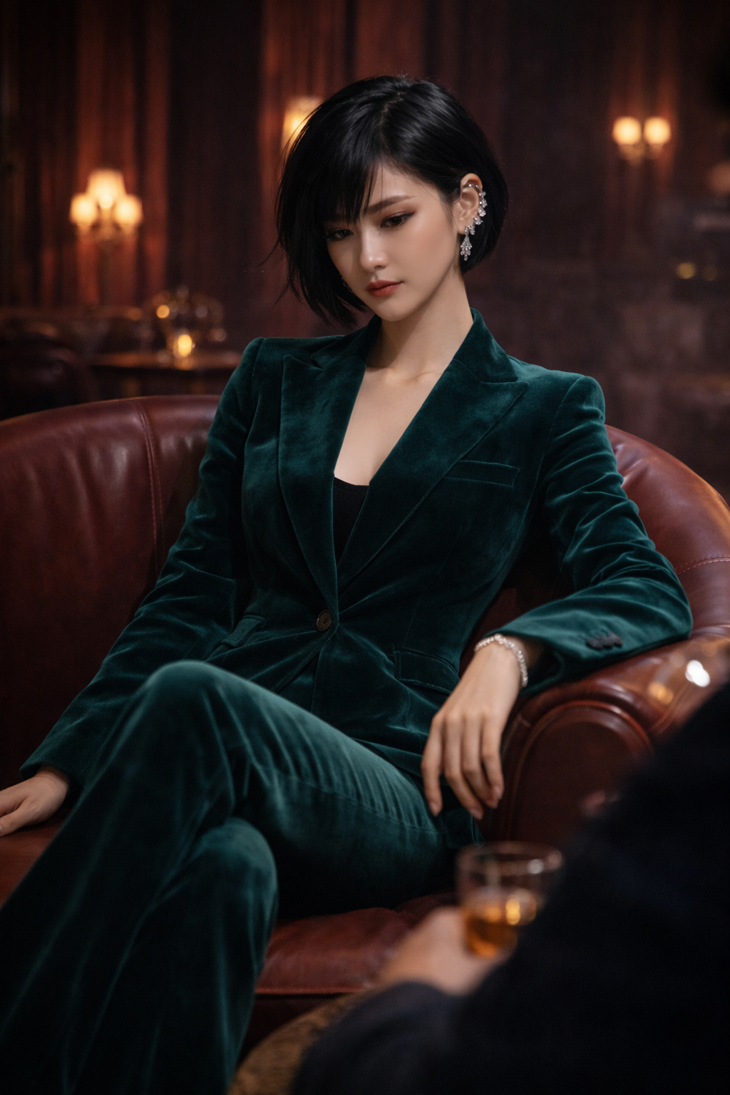 Mia Sheng in a white lace gown with a blazer draped over her shoulders at a formal gala.