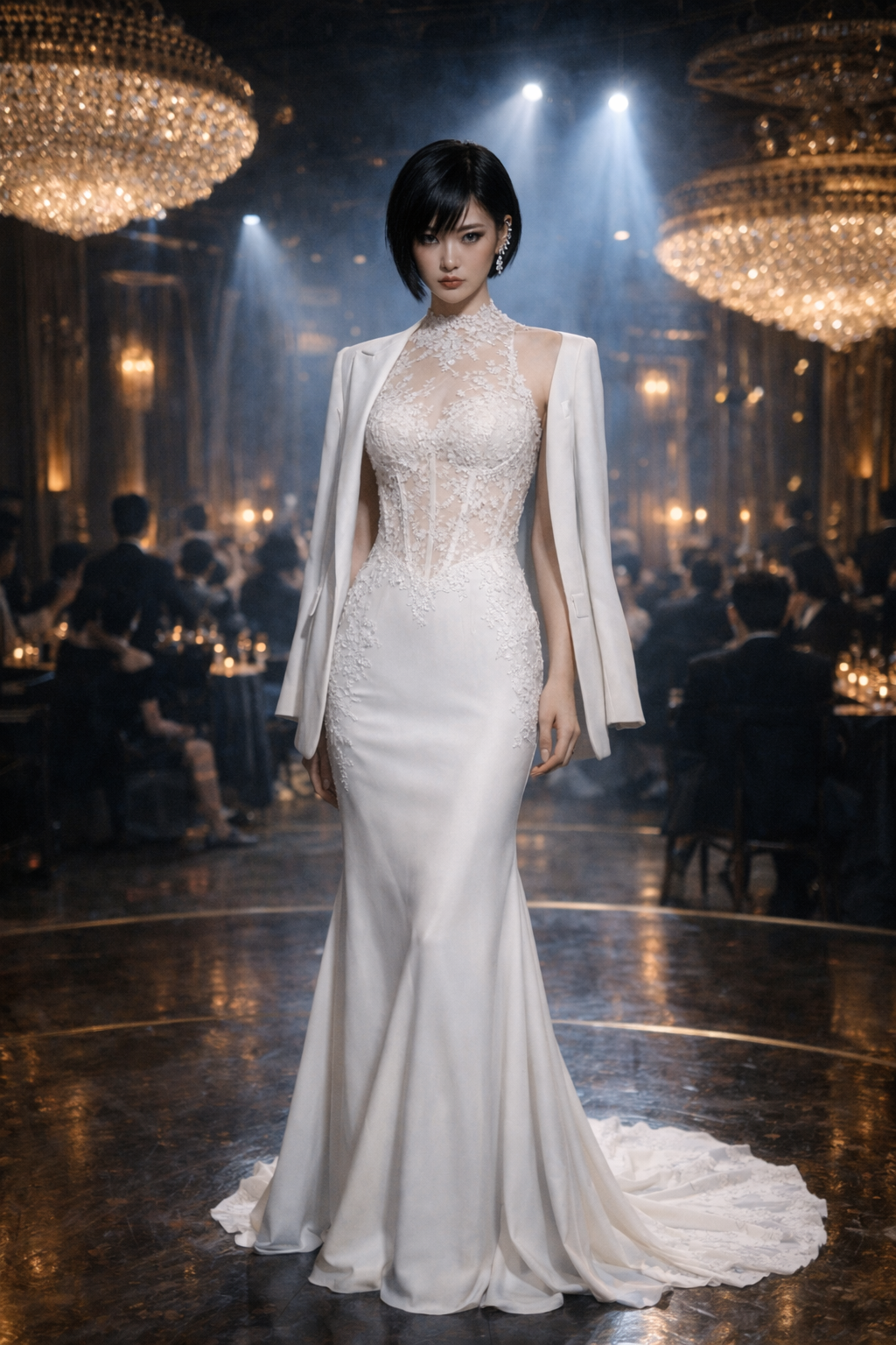 Mia Sheng in a white lace gown with a blazer draped over her shoulders at a formal gala.