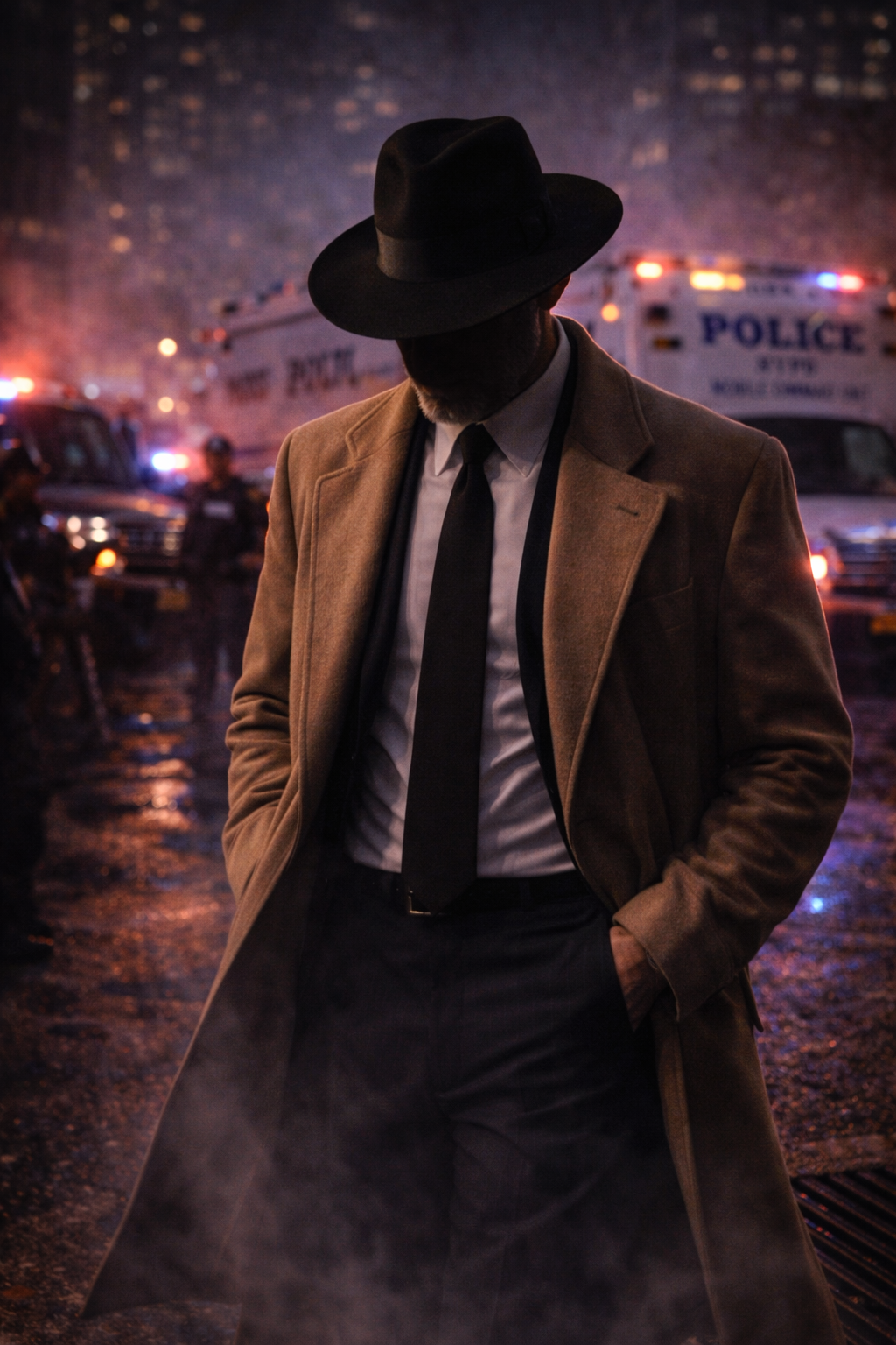 Commissioner Thorne in a navy blue architectural coat and silk hijab standing in her office