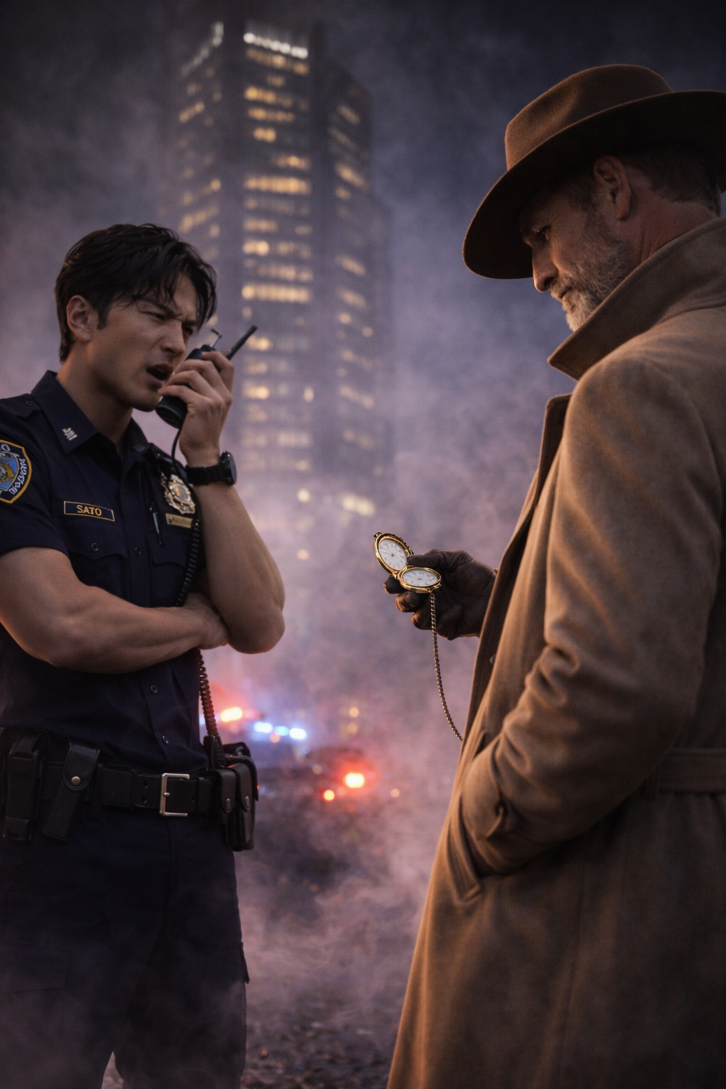 Commissioner Thorne in a navy blue architectural coat and silk hijab standing in her office