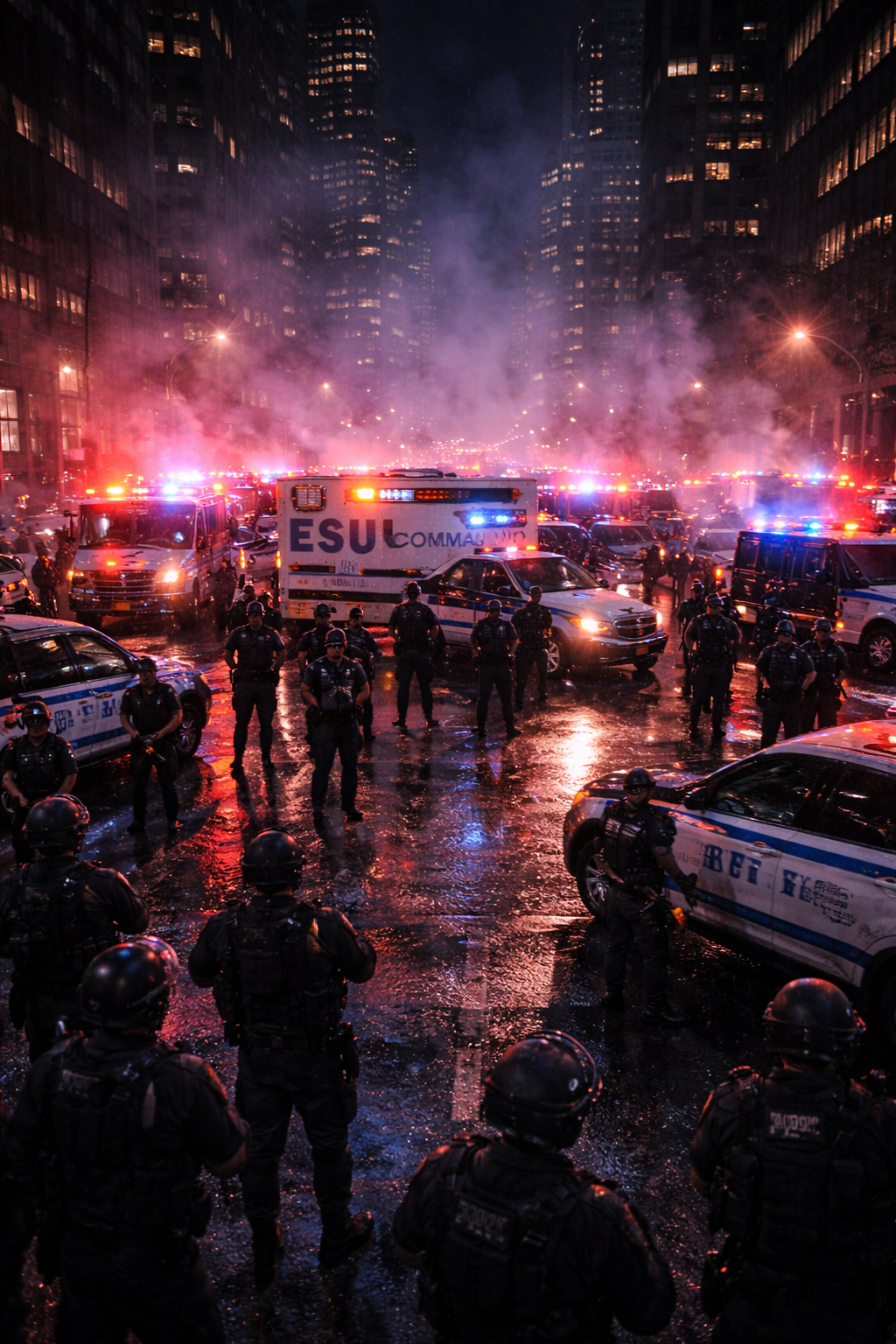 Commissioner Thorne in a navy blue architectural coat and silk hijab standing in her office