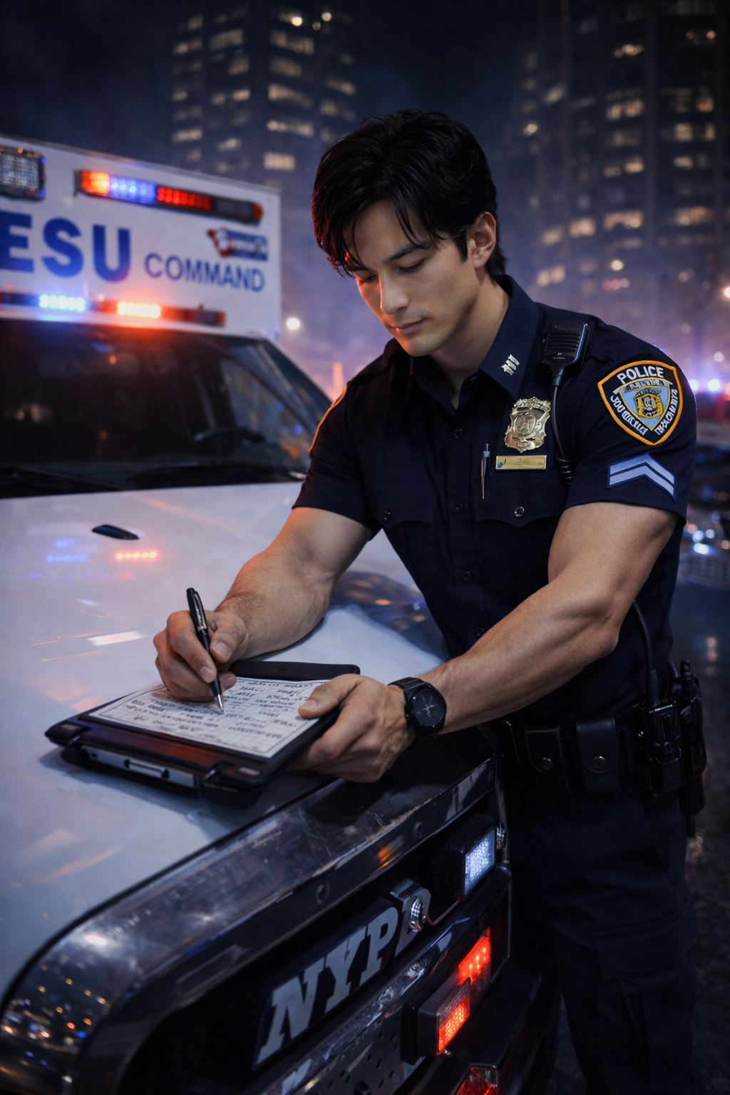 Commissioner Thorne in a navy blue architectural coat and silk hijab standing in her office