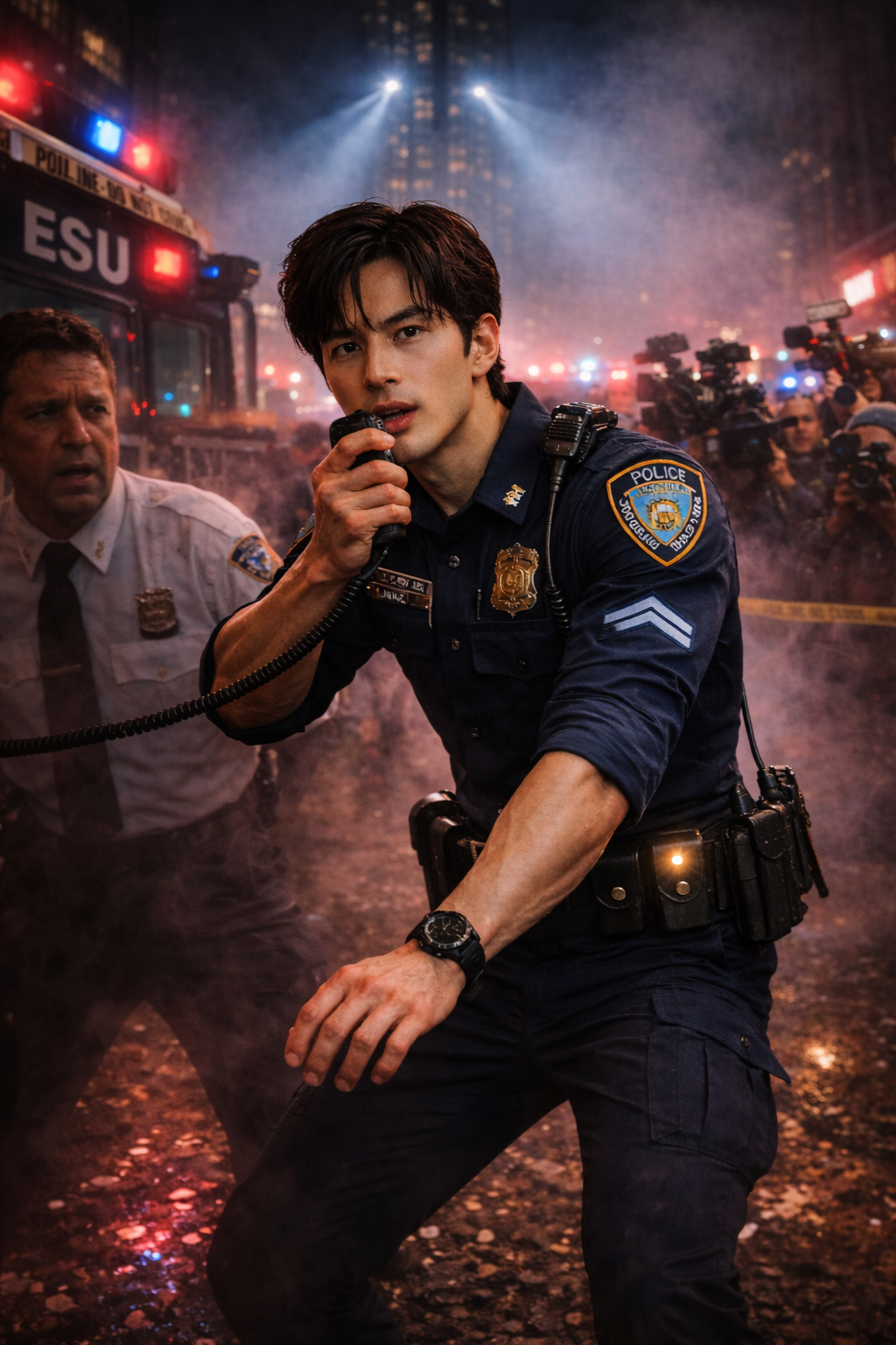 Commissioner Thorne in a navy blue architectural coat and silk hijab standing in her office