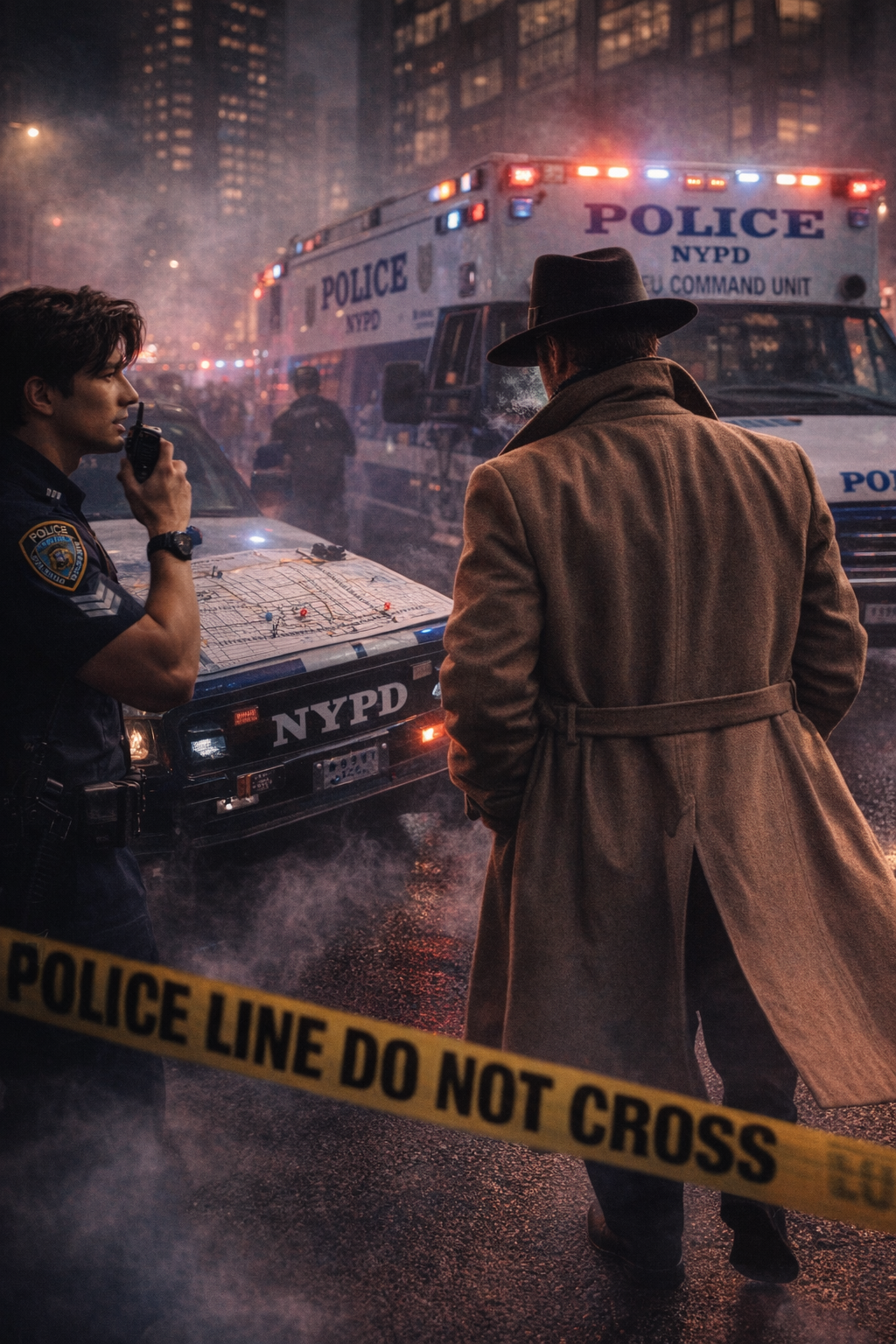 Commissioner Thorne in a navy blue architectural coat and silk hijab standing in her office
