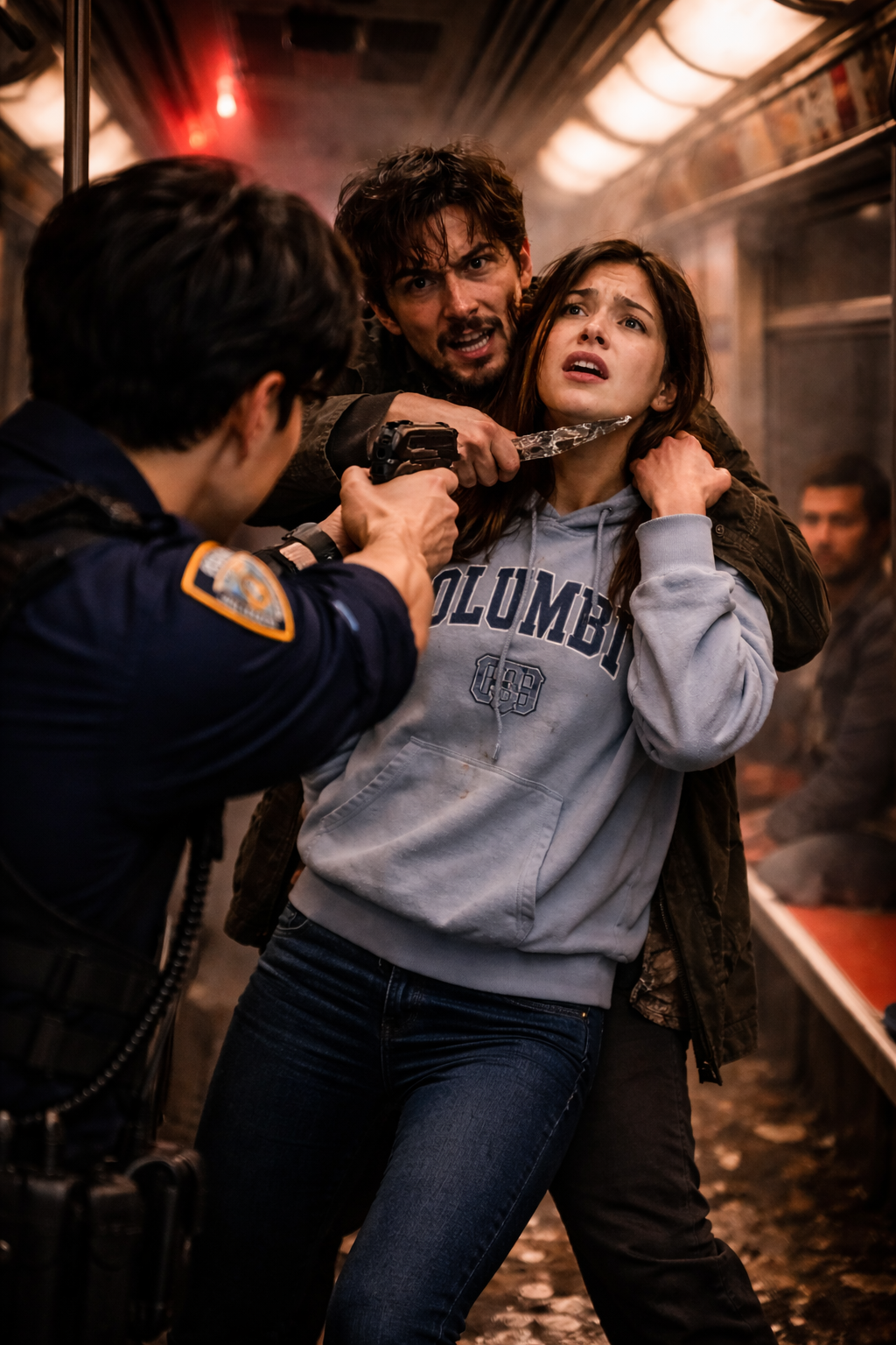 Commissioner Thorne in a navy blue architectural coat and silk hijab standing in her office