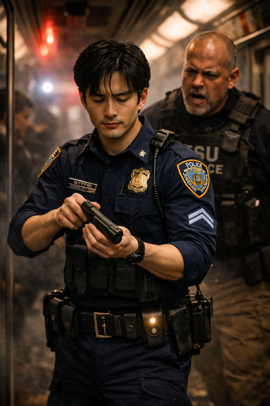 Commissioner Thorne in a navy blue architectural coat and silk hijab standing in her office