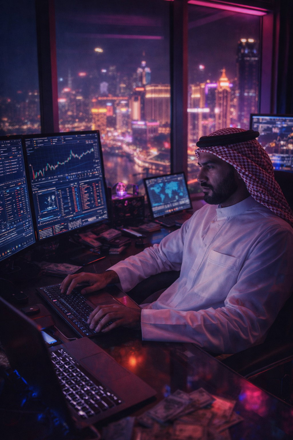 A sprawling oil refinery in the Middle East engulfed in flames, thick black smoke rising into the desert sky.