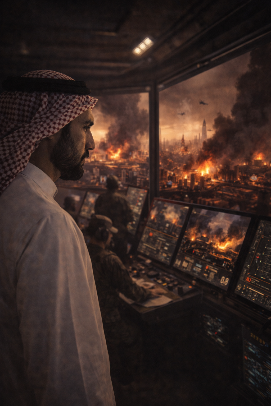 Crown Prince Khalid Al-Fayed standing in a hyper-advanced subterranean military command center.
