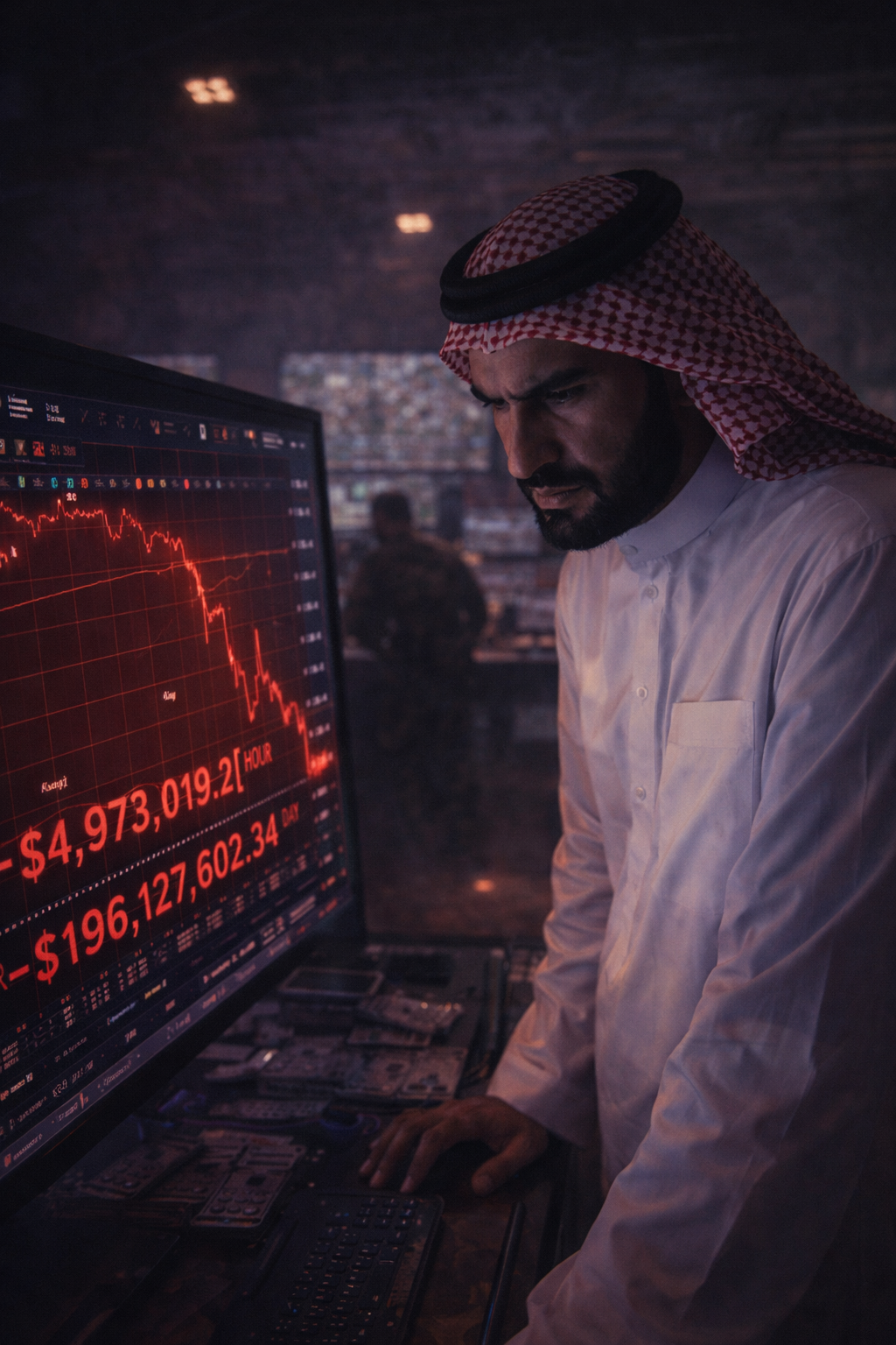 A massive encrypted video screen illuminating Khalid's face in the darkened bunker.