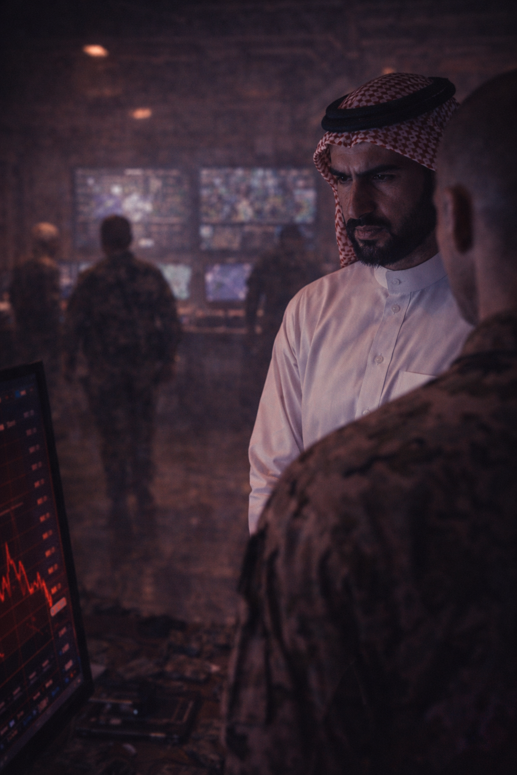 Split screen: Khalid in the cold bunker, Tariq sweating in the neon Macau penthouse.