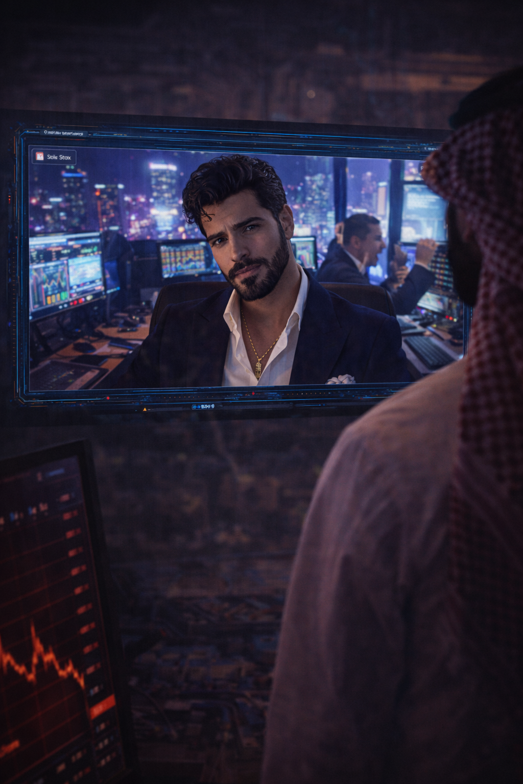 Split screen: Khalid in the cold bunker, Tariq sweating in the neon Macau penthouse.