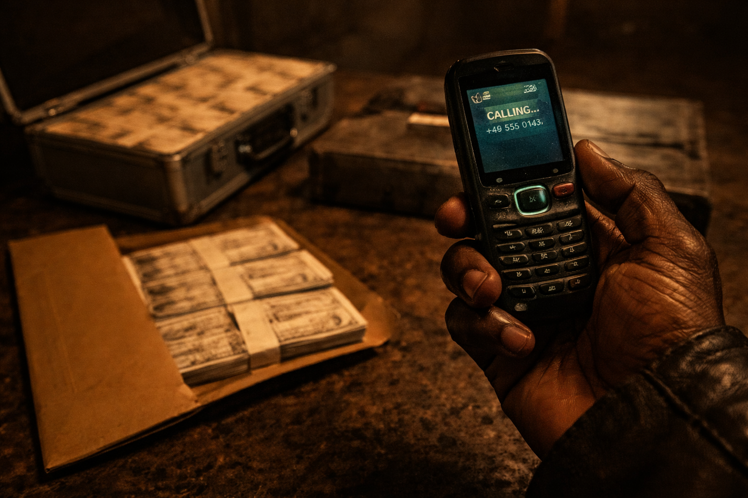 A hand holding an old burner phone