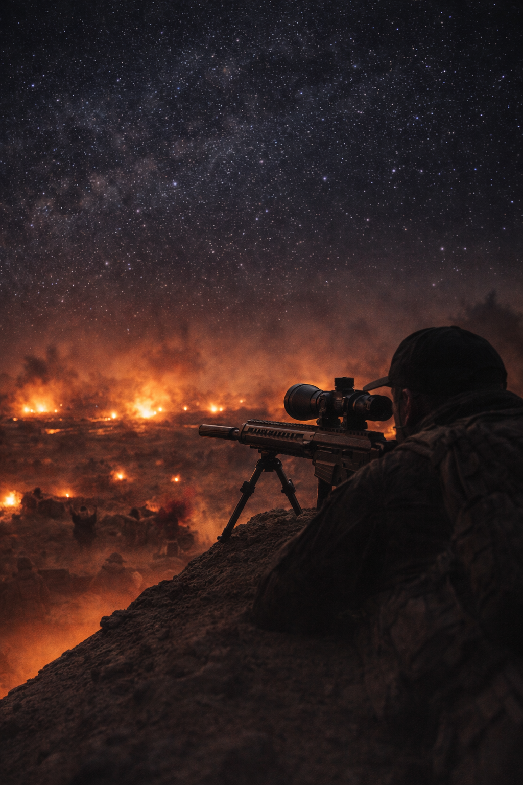 A massive MC-130 transport aircraft grounded on a dirt airstrip in the dark, entirely disabled.