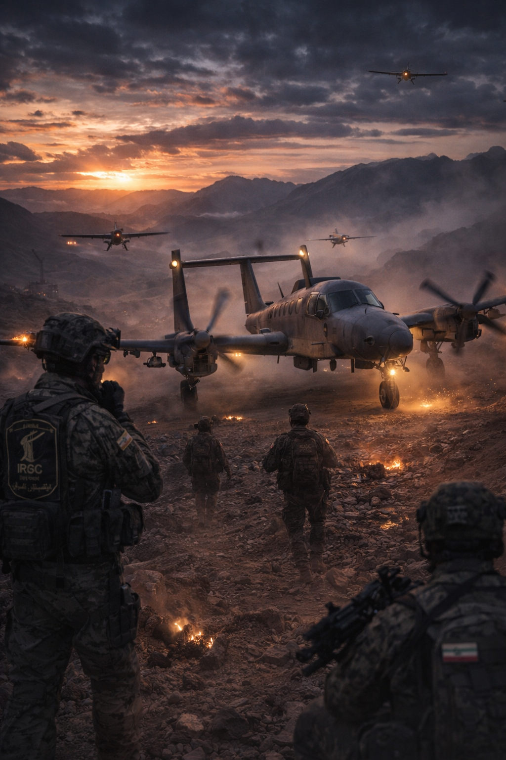 A massive MC-130 transport aircraft grounded on a dirt airstrip in the dark, entirely disabled.