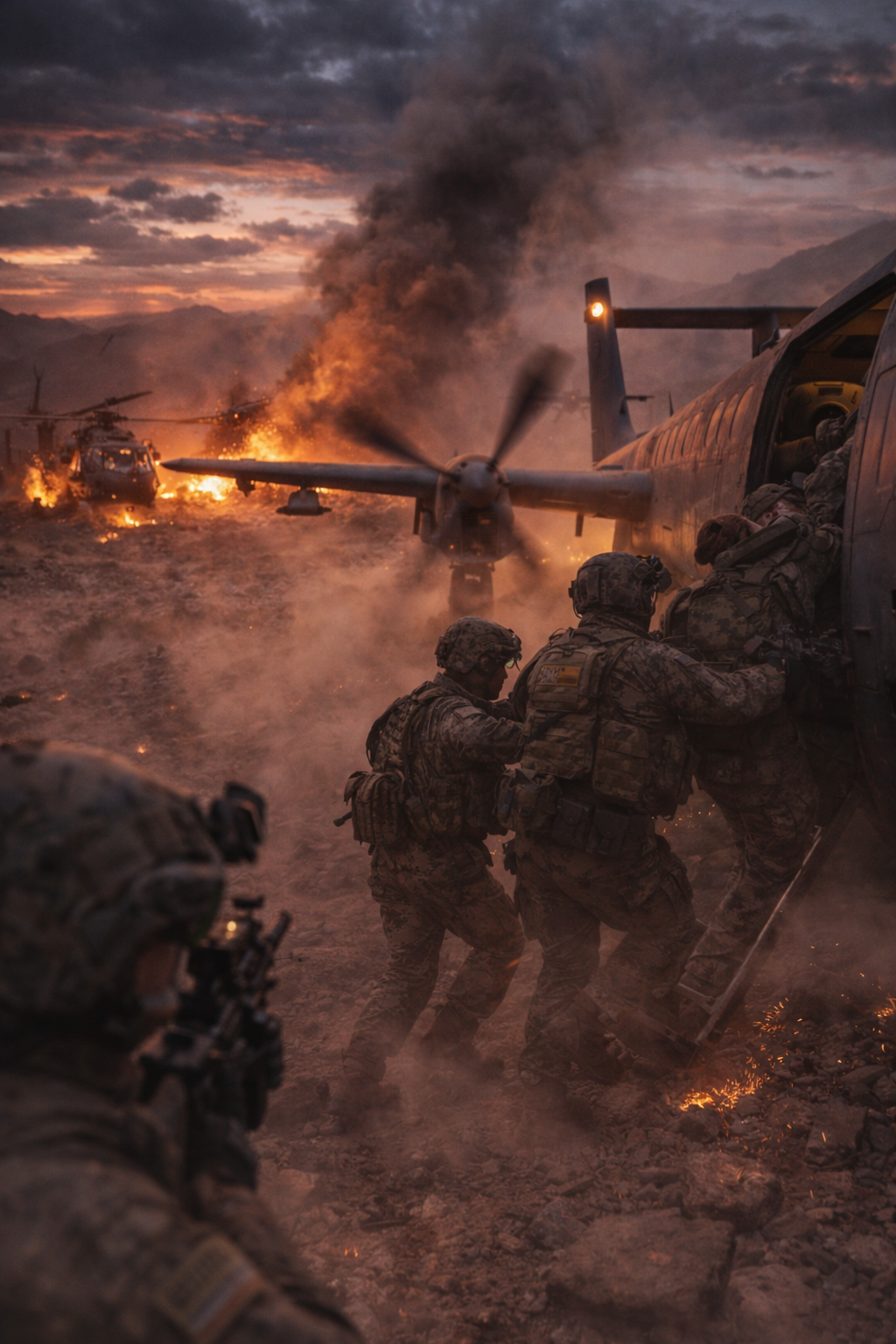 A massive MC-130 transport aircraft grounded on a dirt airstrip in the dark, entirely disabled.