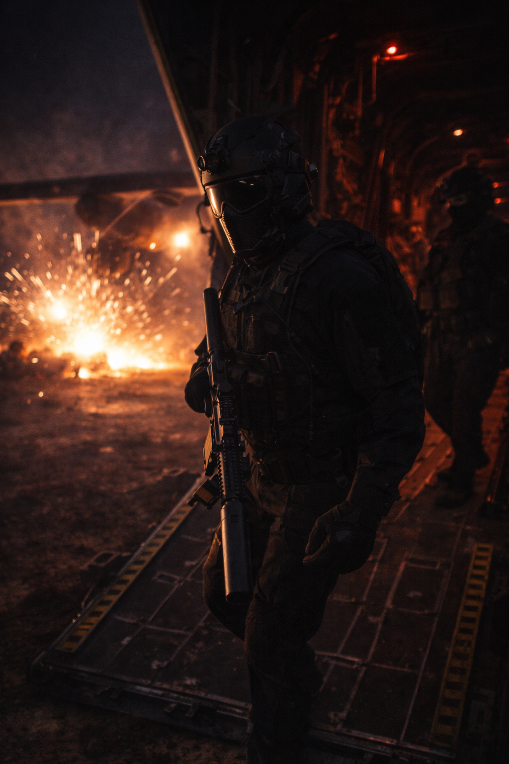 A massive MC-130 transport aircraft grounded on a dirt airstrip in the dark, entirely disabled.