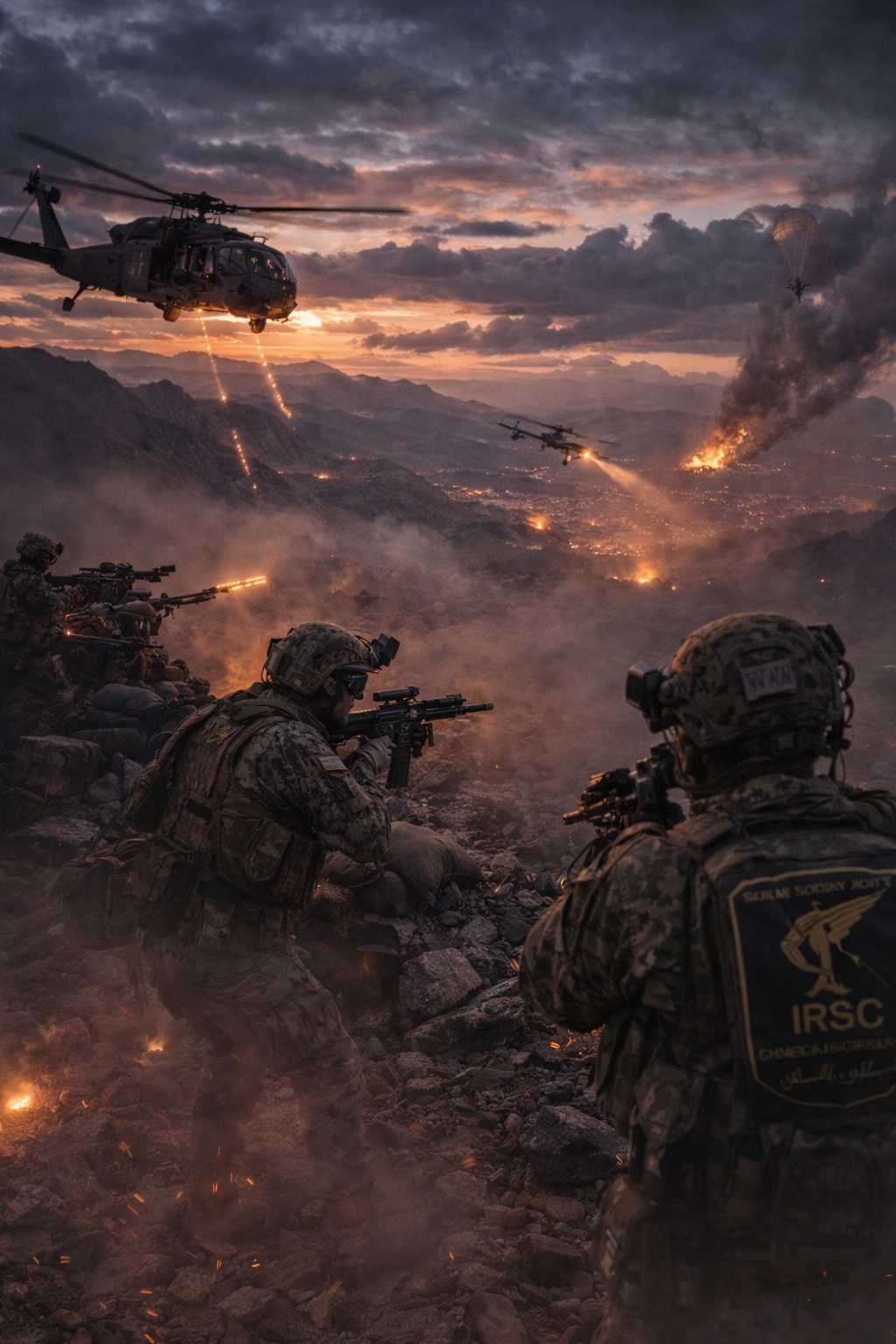 A massive MC-130 transport aircraft grounded on a dirt airstrip in the dark, entirely disabled.