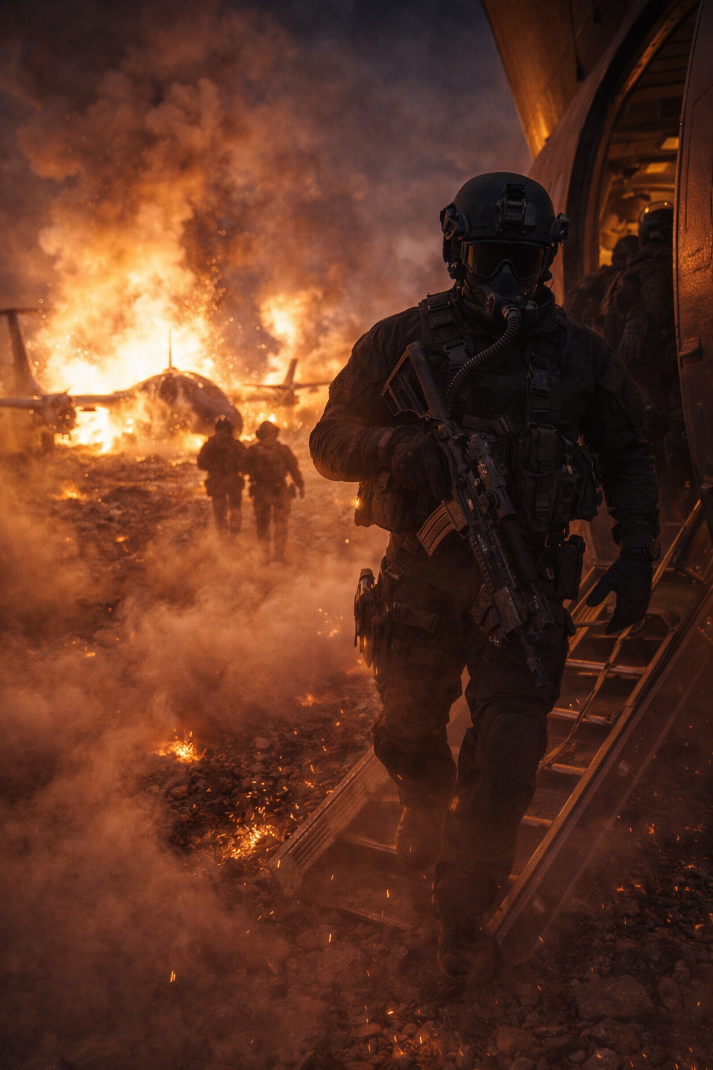 A massive MC-130 transport aircraft grounded on a dirt airstrip in the dark, entirely disabled.