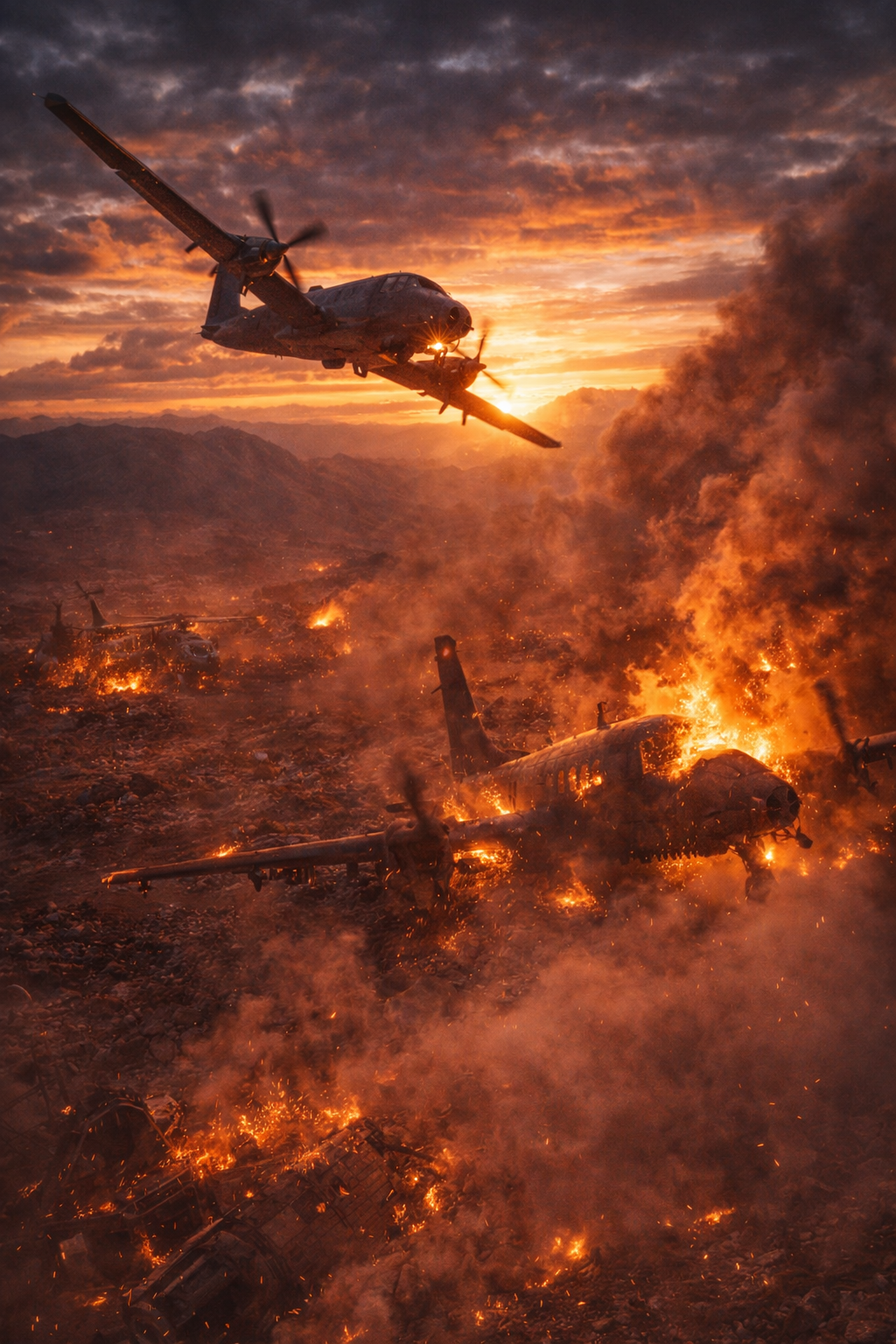A dark, jagged mountain ridge in Iran under the cover of night, lit only by distant airstrikes.
