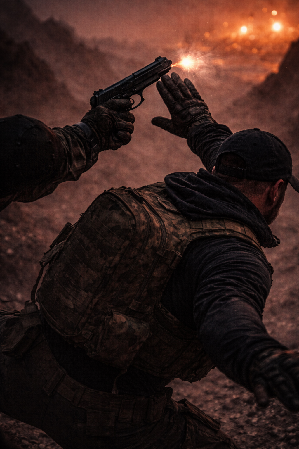 A blurred, high-speed tactical takedown in the dark, showcasing close-quarters combat.