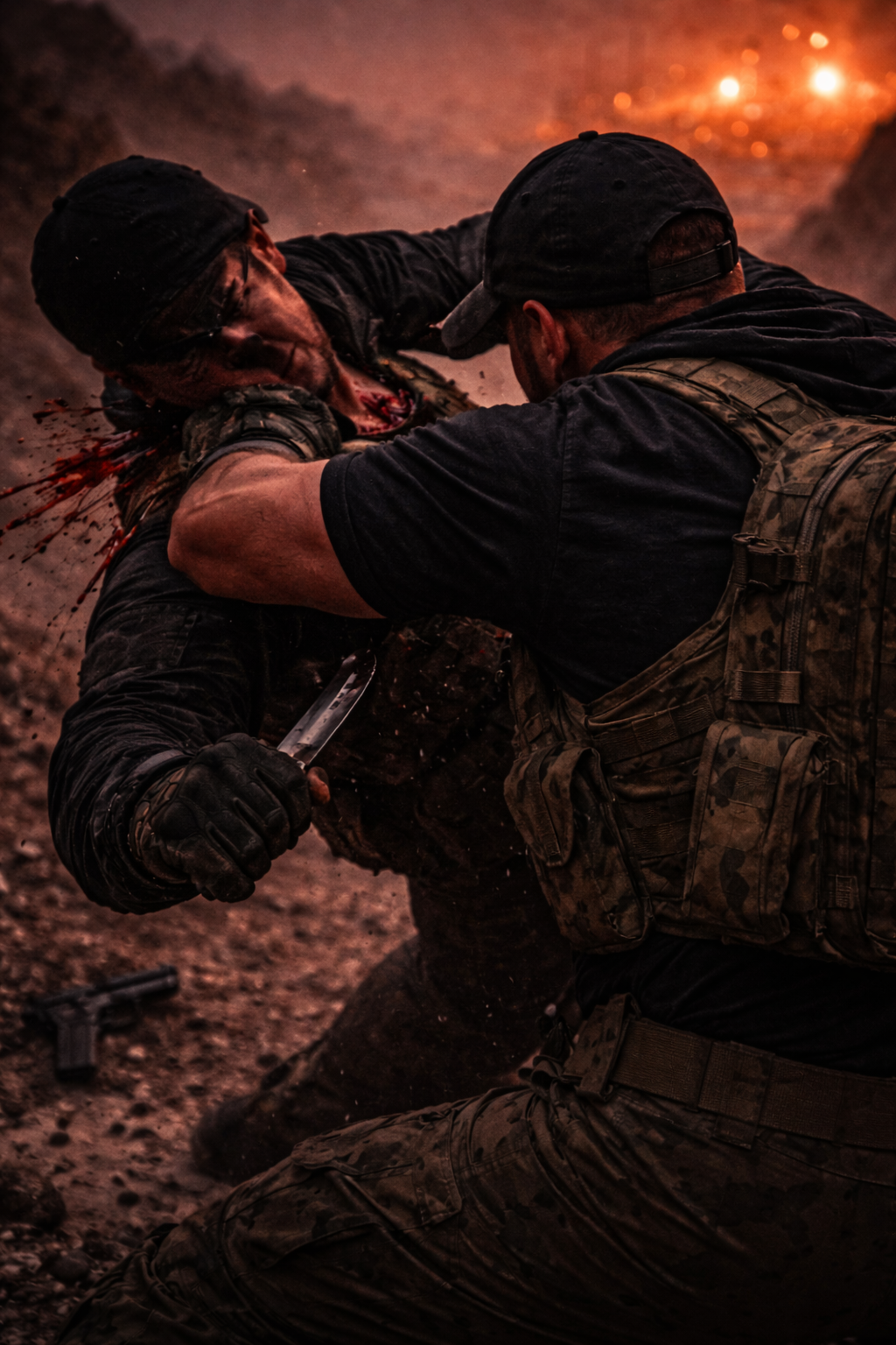 A blurred, high-speed tactical takedown in the dark, showcasing close-quarters combat.