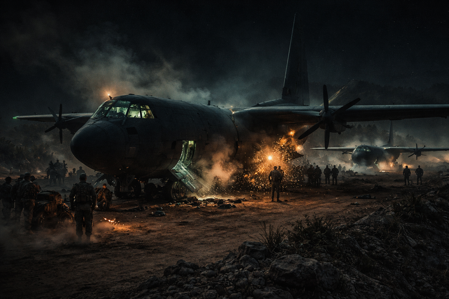 A massive MC-130 transport aircraft grounded on a dirt airstrip in the dark, entirely disabled.