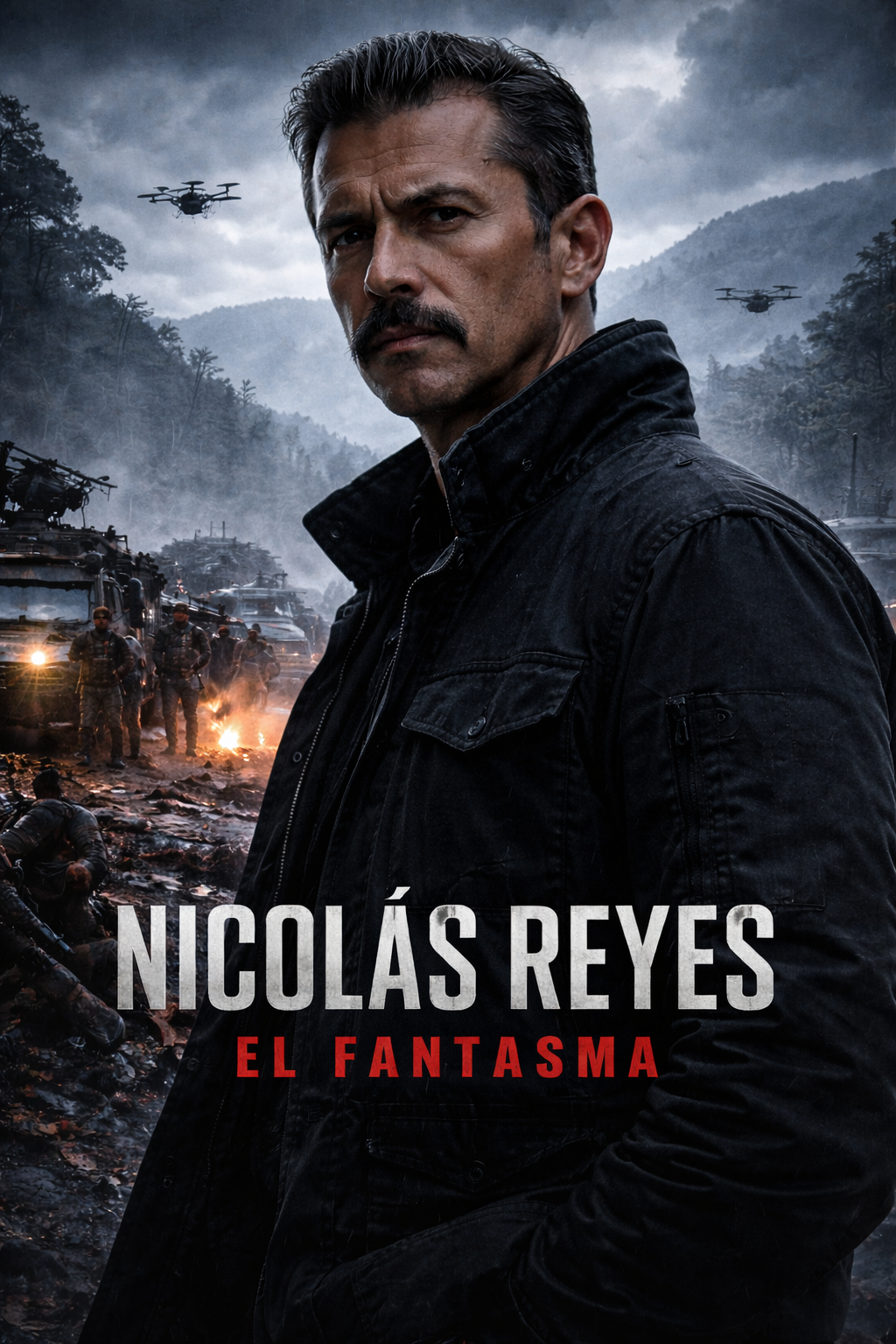 Portrait of Nicolás Reyes in tactical canvas, wearing a silver crucifix.