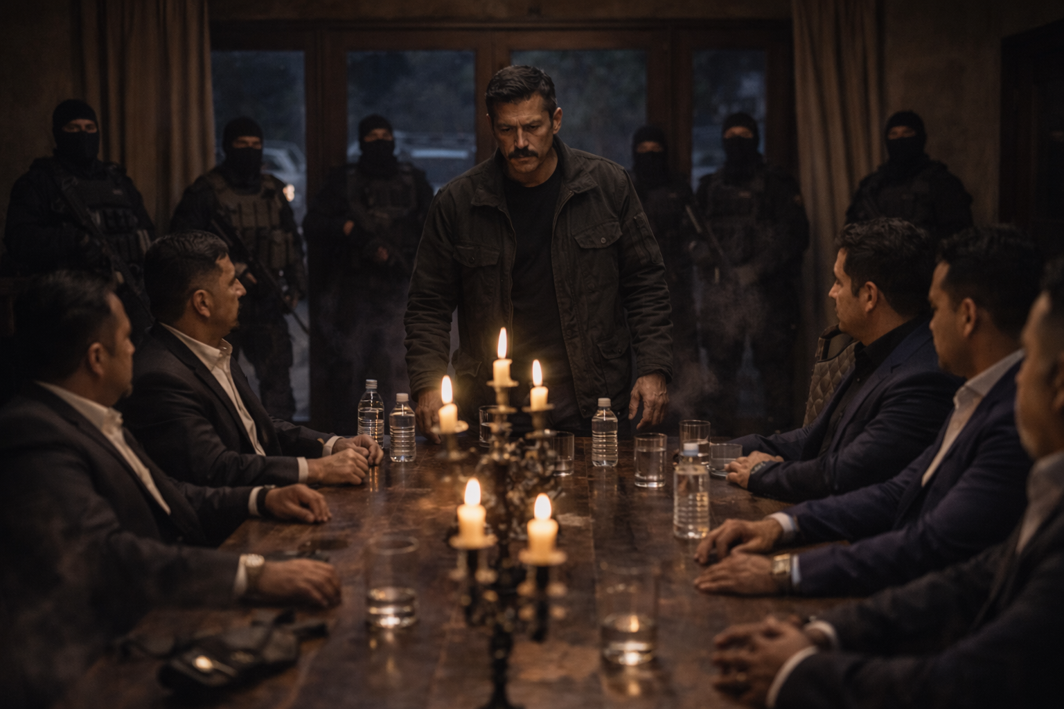 Arturo standing terrified before Reyes on the mountain veranda.