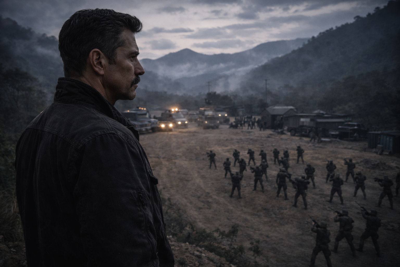 Arturo standing terrified before Reyes on the mountain veranda.