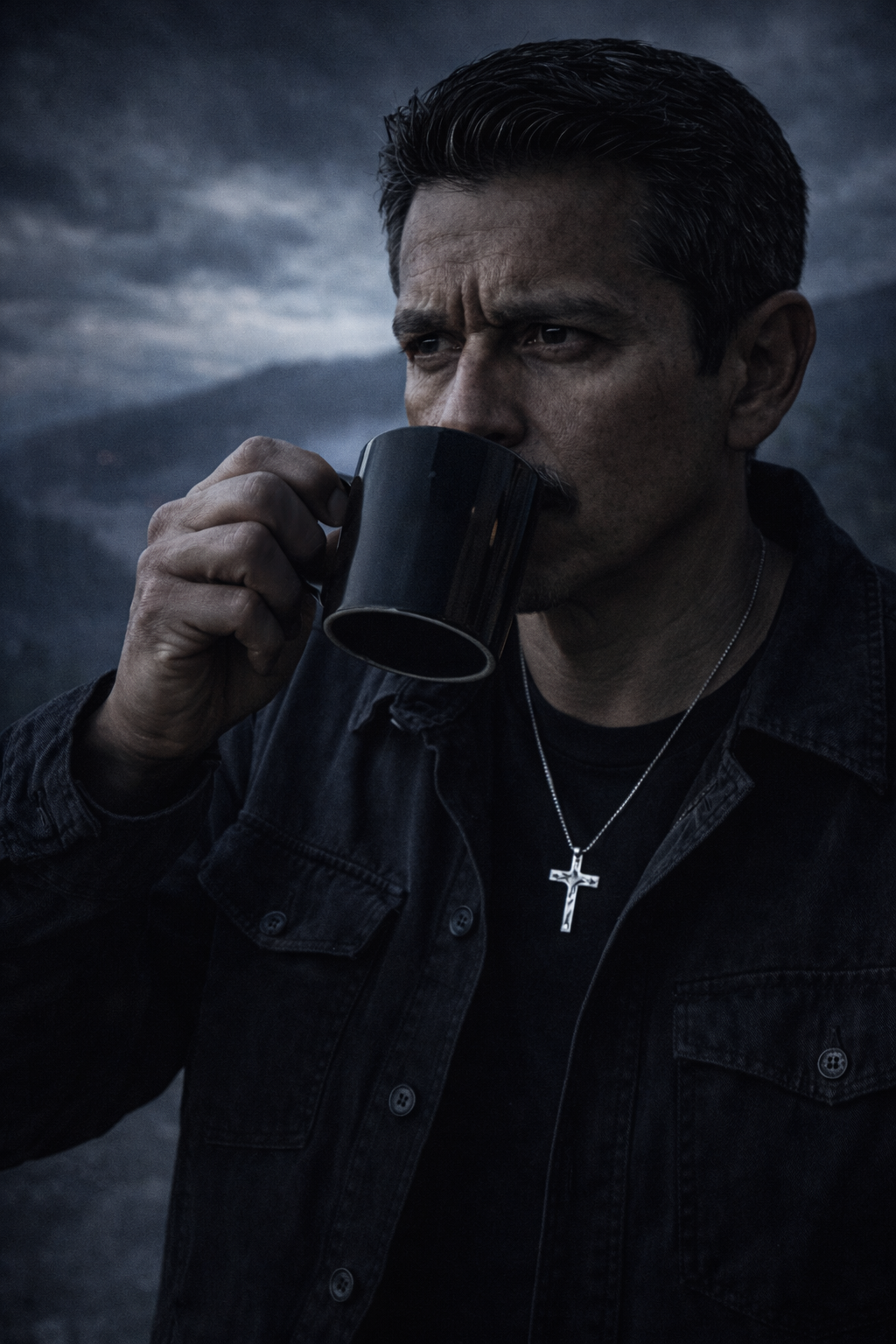 Arturo standing terrified before Reyes on the mountain veranda.