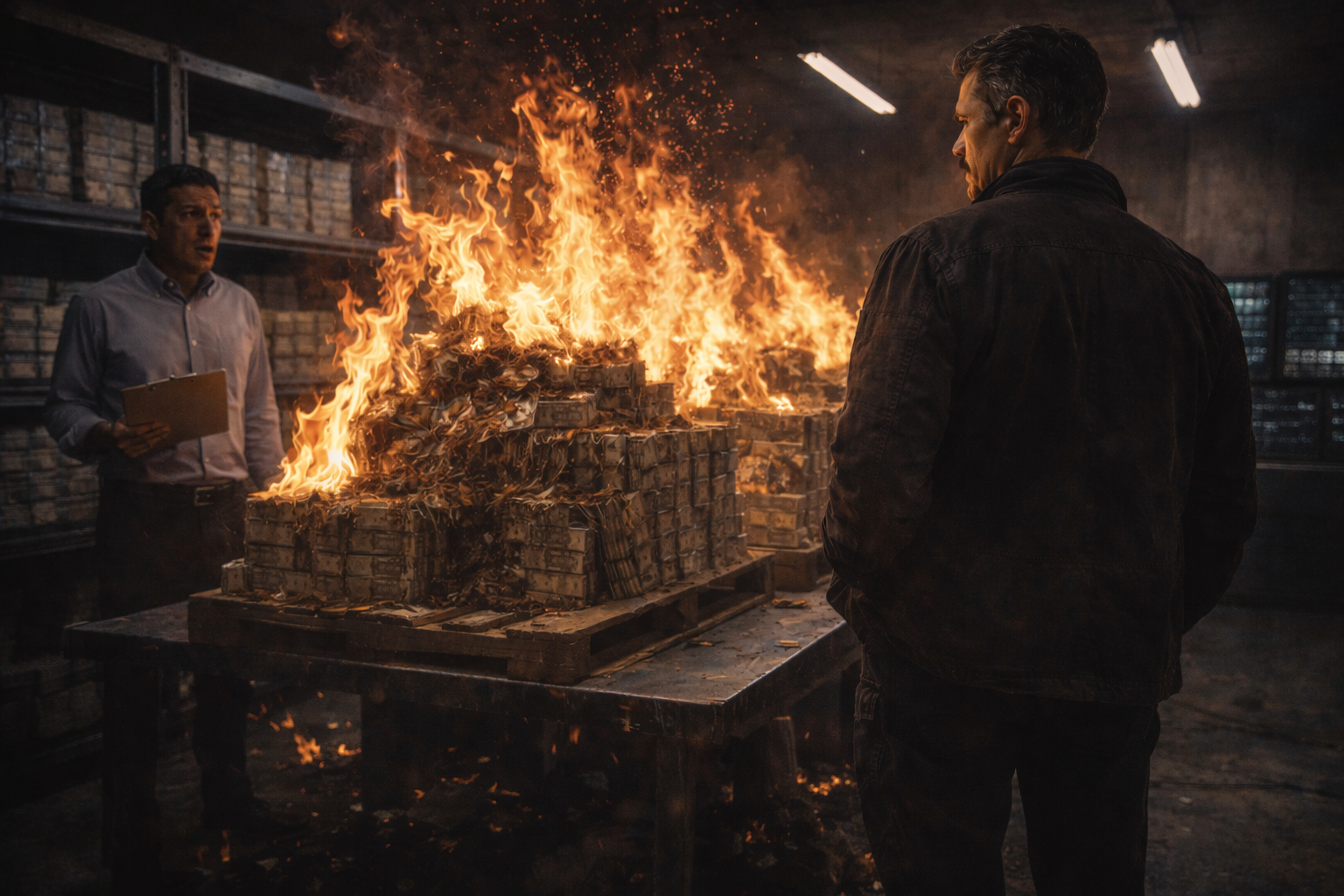 Arturo standing terrified before Reyes on the mountain veranda.